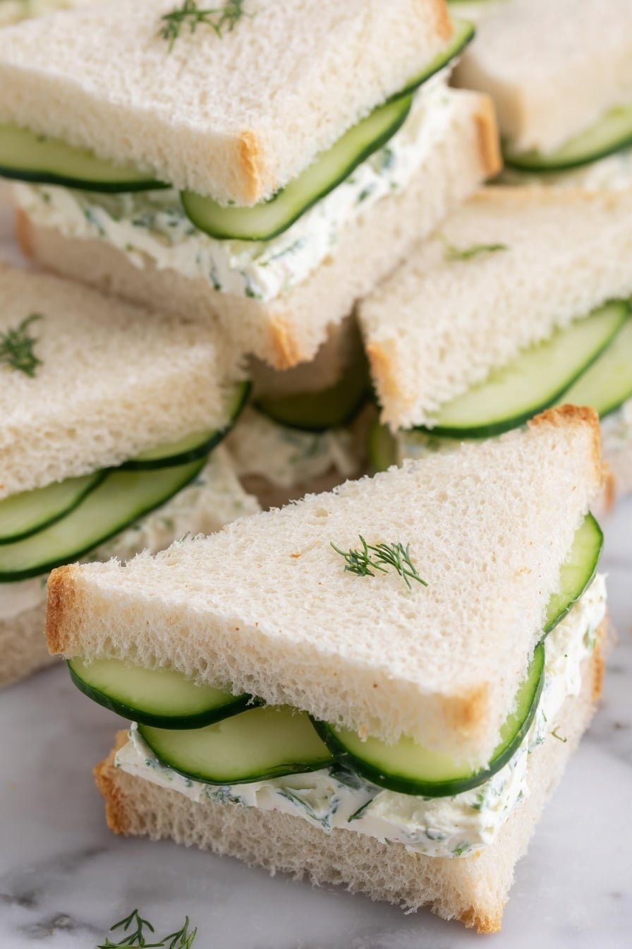 The image shows several small triangular sandwiches made with soft, white bread without crusts. Each sandwich has two layers: one layer of thin, light green cucumber slices and one of creamy white spread mixed with small green herbs. The sandwiches are stacked closely on a white marbled surface, giving a fresh and clean look. Photo taken with an iphone --ar 2:3 --v 7
