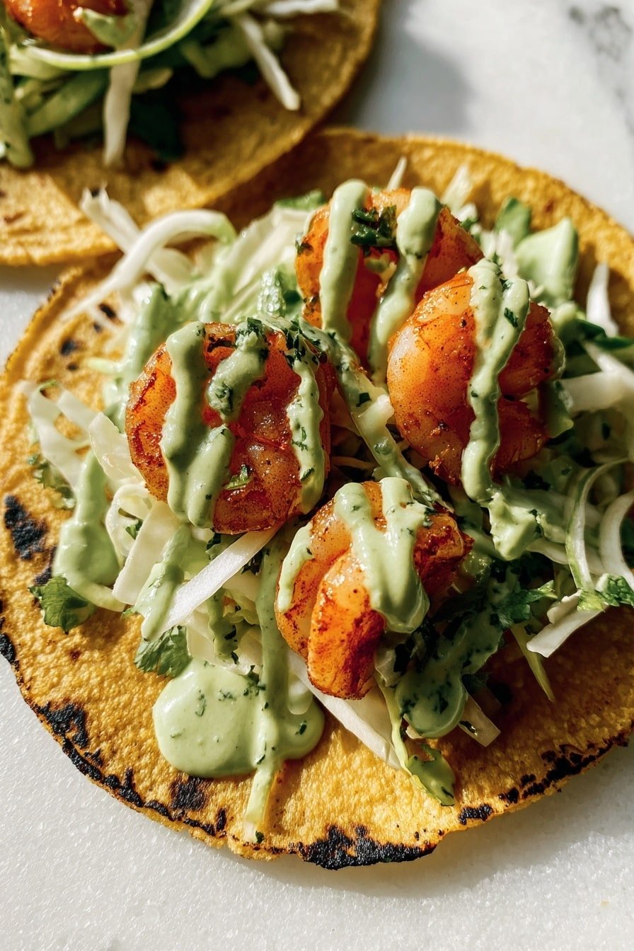 A close-up view of a taco on an ornate white surface with a white marbled texture, showing one layer of a toasted yellow corn tortilla with some char marks, topped with shredded white cabbage and thin slices of green vegetable pieces, then three small cooked shrimp with a reddish-orange color placed on top, all drizzled with a light green creamy sauce with herbs. photo taken with an iphone --ar 2:3 --v 7