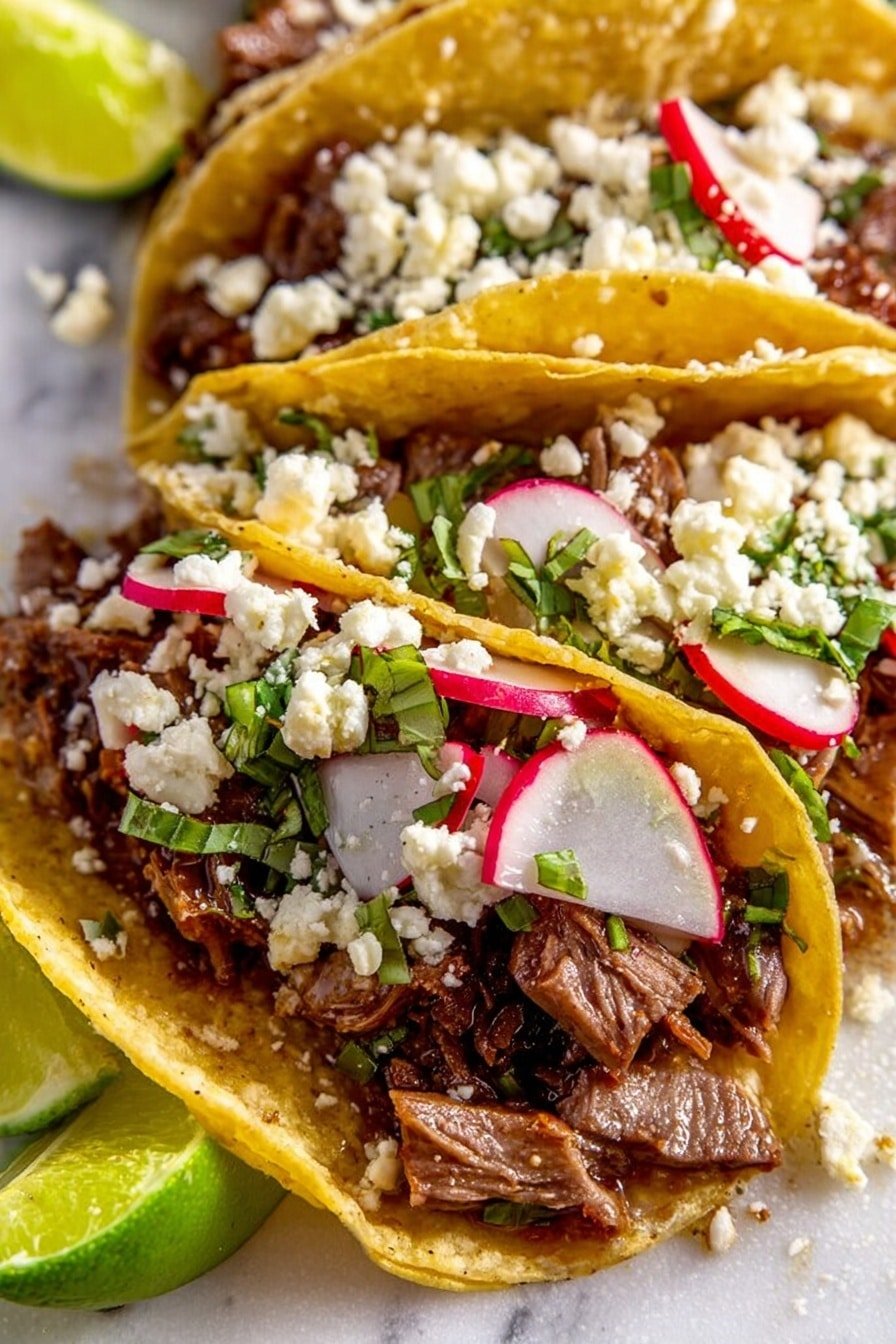 The image shows five yellow corn tortillas laid out on an ornate white oval plate with a white marbled surface underneath. Each tortilla is topped with small chunks of cooked meat that have a slightly browned texture, sprinkled with finely chopped white onions, thinly sliced radish strips, chopped green cilantro, and crumbled white cheese. Lime wedges are placed strategically around the tortillas on the plate, adding bright green color and freshness. The overall look is colorful with earthy tones from the tortillas and meat, bright white from the onions and cheese, green from cilantro and lime, and a touch of red from the radishes. photo taken with an iphone --ar 2:3 --v 7