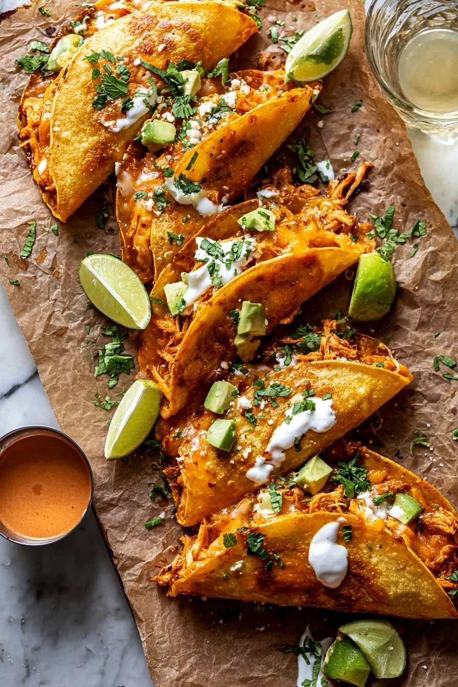 The image shows five folded tacos placed on a sheet of parchment paper over a white marbled surface. Each taco has a crispy, golden-brown outer shell with edges that look slightly browned and crunchy, filled with melted orange cheese and shredded chicken visible inside. The tacos are topped with chopped green herbs, small pieces of avocado, and dollops of white sauce. There are lime wedges placed next to the tacos on the parchment paper. A small metal container with a reddish-orange sauce sits nearby, and part of a glass with a light-colored drink is visible on the left side. The overall look is warm, fresh, and inviting. photo taken with an iphone --ar 2:3 --v 7