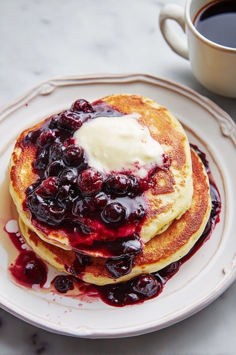 There is a stack of three golden-brown pancakes on an ornate white plate, placed on a white marbled texture surface. The top pancake is covered halfway with a smear of melting white butter and thick, shiny dark red berry sauce with whole berries. The sauce is glossy and pool around the pancakes a little, with some dripping down the side of the stack. A white cup with dark coffee is placed next to the plate. photo taken with an iphone --ar 2:3 --v 7