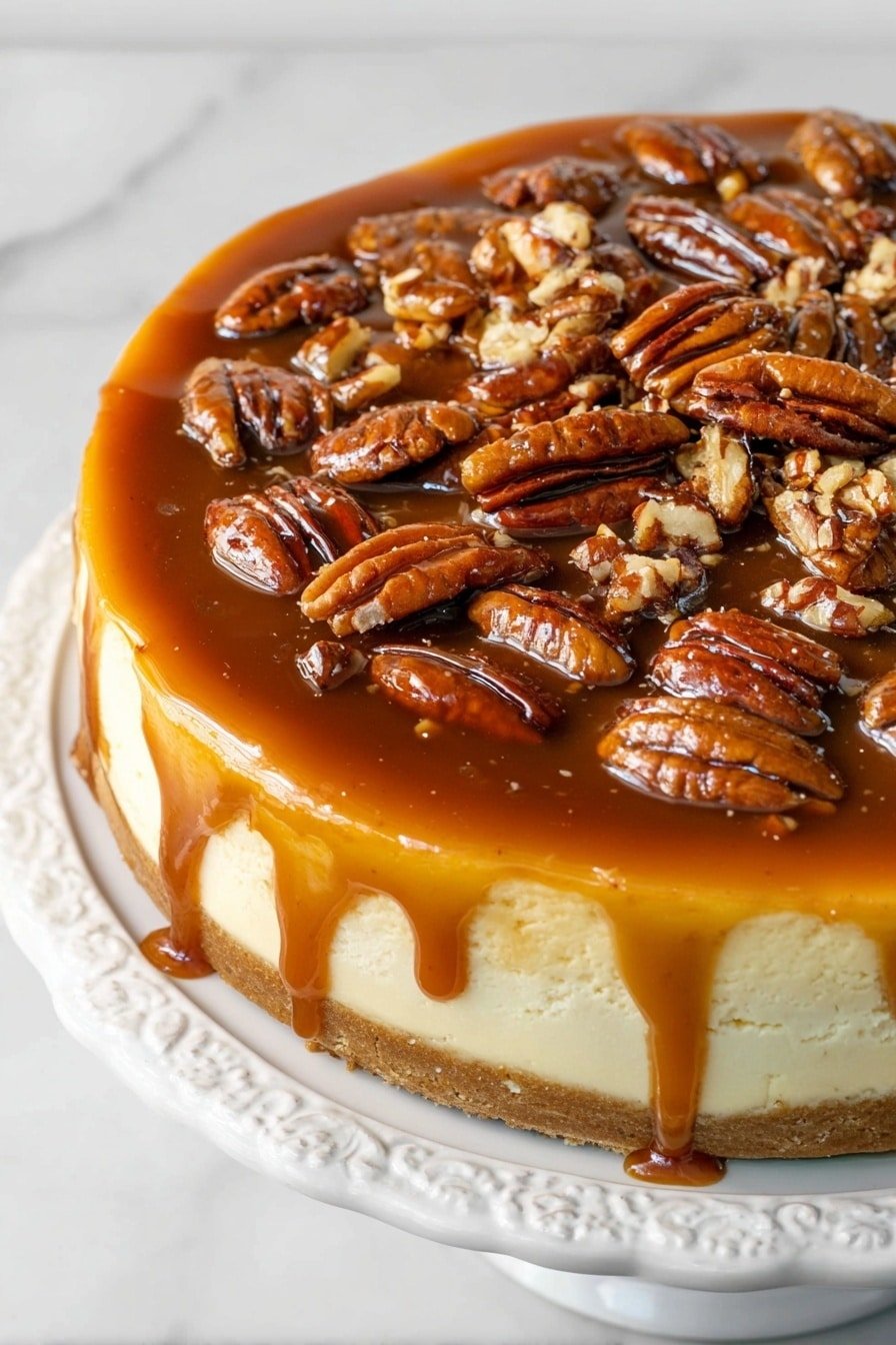 A round cheesecake with three visible layers sits on an ornate white plate over a white marbled surface. The bottom layer is a firm light brown crust, the middle layer is thick and creamy pale yellow, and the top layer is covered with a glossy caramel sauce that drips down the sides. Large pecan halves are scattered and slightly sunk into the caramel, giving a rich brown and textured top layer. The close-up view shows the shiny caramel and the smooth cheesecake clearly photo taken with an iphone --ar 2:3 --v 7
