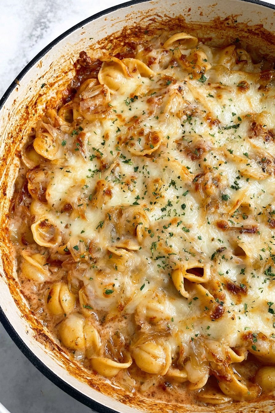 The image shows a close-up of a cooked pasta dish in a large white pot with a black rim, placed on a white marbled texture. The pasta is shell-shaped, covered with melted cheese that is golden and bubbly in places. The cheese layer has a creamy texture with small green herb sprinkles scattered on top. The sauce around the pasta is thick and creamy, light brown in color with hints of darker spices mixed in. The sides of the pot have some sauce residue, adding a rustic feel to the image. photo taken with an iphone --ar 2:3 --v 7