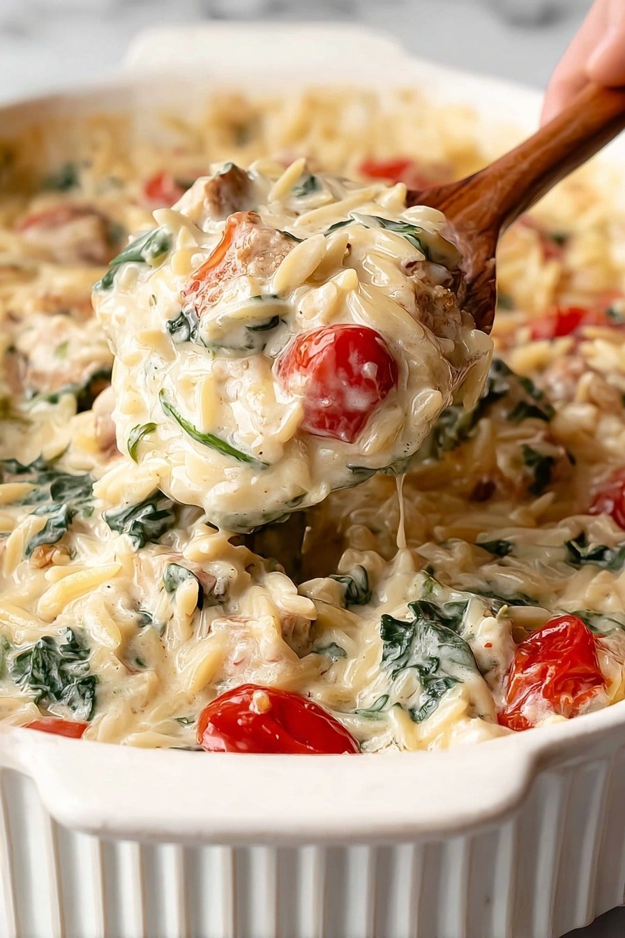 A close-up shows a creamy dish in an ornate white casserole with a ridged edge, resting on a white marbled texture. The dish has three main layers visible in the scoop: small beige orzo pasta forming the base, bright red cherry tomatoes scattered around, and chunks of light beige meat mixed with wilted dark green leafy vegetables, all covered in a smooth, thick, creamy white sauce. A wooden spoon held by a woman's hand lifts a generous scoop, showing the mix of these layers with a rich, glossy texture. photo taken with an iphone --ar 2:3 --v 7