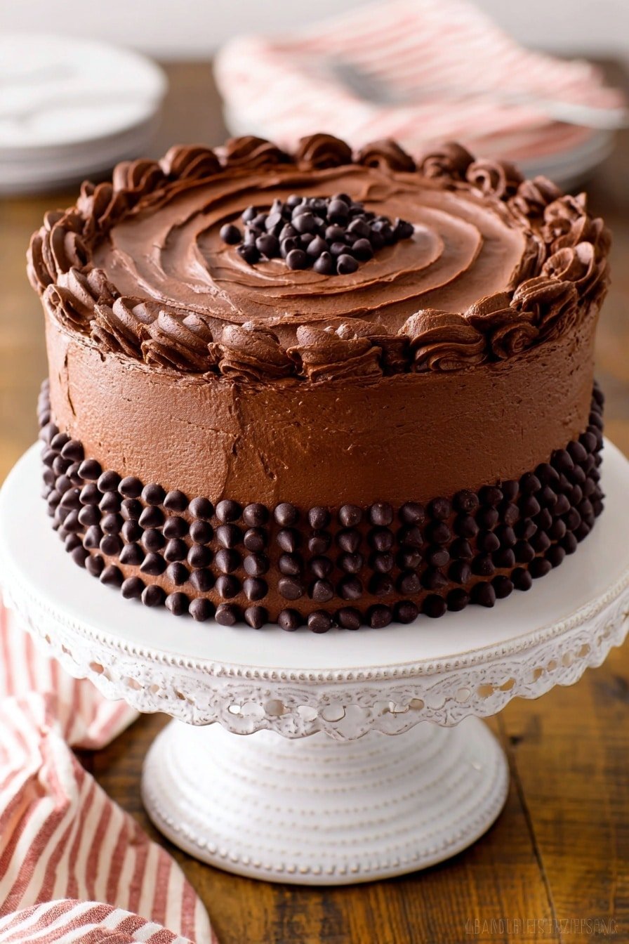 This image shows a three-layer round chocolate cake with smooth, thick chocolate frosting covering the entire cake. The top surface has a swirl pattern, with a small pile of dark chocolate chips in the center. The side of the cake is decorated with four rows of evenly spaced dark chocolate chips, creating a textured pattern. The cake sits on an ornate white cake stand, and the background is a wooden surface with a striped cloth blurred in the distance. photo taken with an iphone --ar 2:3 --v 7