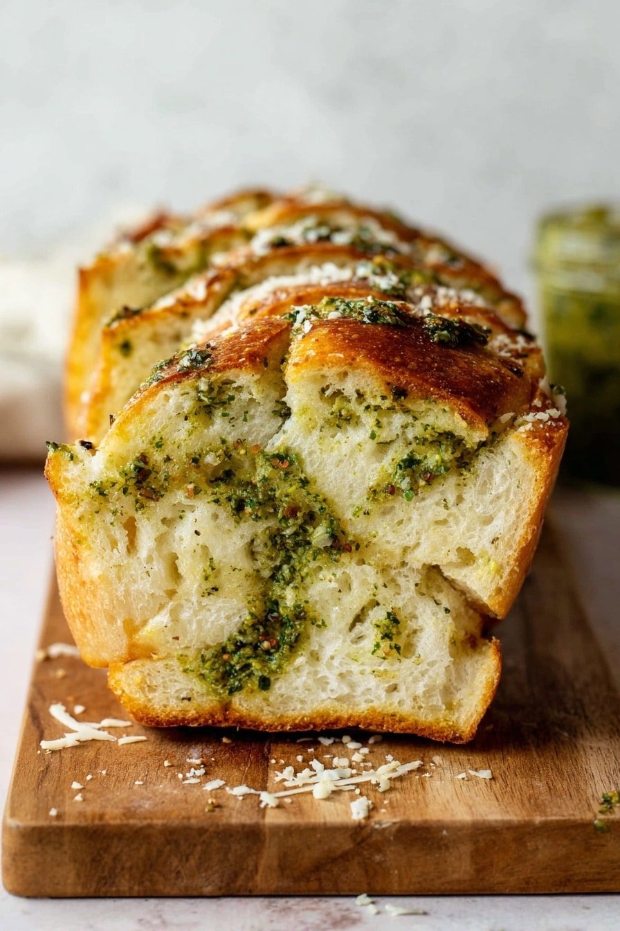 A close-up of a sliced garlic bread loaf resting on a wooden board, showing about four layers of soft, golden-brown crust with a textured inside that is white and fluffy in color. Between the layers there are green patches of garlic herb spread mixed with bits of grated cheese and small black pepper specks. The top crust of the bread is slightly shiny and browned, with some white grated cheese sprinkled on top and around the slice. A blurred jar with green sauce is visible in the background against a plain light surface with white marbled texture photo taken with an iphone --ar 2:3 --v 7