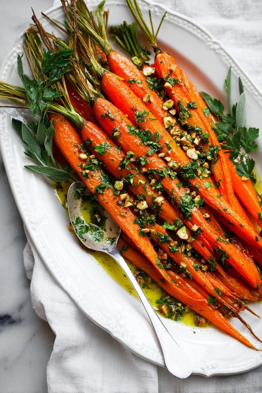 A pile of whole cooked carrots with green tops still attached, lying side by side on an ornate white oval plate. The carrots are bright orange, glistening with a shiny coating of green herb sauce and small bits of crushed nuts sprinkled on top. Fresh green herb leaves are scattered across and around the carrots for decoration. A silver spoon with a white handle rests on the bottom left of the plate, partially under the carrots. The plate sits on a white marbled surface with a soft white cloth nearby. Photo taken with an iphone --ar 2:3 --v 7
