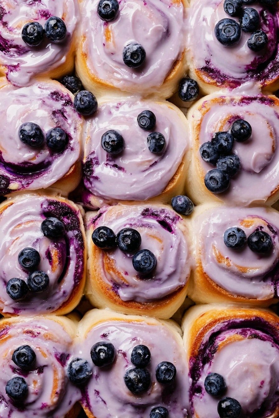 A close-up view of twelve blueberry cinnamon rolls arranged in a grid, each roll swirled with purple blueberry filling showing through soft, golden dough layers. The rolls are generously covered with creamy lavender-colored icing that has a smooth and slightly thick texture. Fresh blueberries are scattered on top of the icing on several rolls, adding dark blue, round pop of color and freshness. The background shows a white marbled texture. photo taken with an iphone --ar 2:3 --v 7