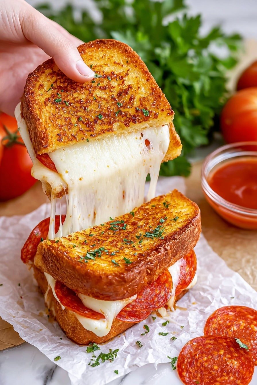A close-up of a grilled sandwich being pulled apart by a woman's hand, showing melted white cheese stretching between the top and bottom pieces of golden-brown toasted bread sprinkled with herbs. Inside the sandwich, bright red slices of pepperoni are visible between the cheese layers. The sandwich is on white parchment paper placed on a white marbled surface. In the background, there is fresh green parsley, whole tomatoes, and a small clear bowl of red sauce. Two slices of pepperoni rest near the sandwich. Photo taken with an iphone --ar 2:3 --v 7