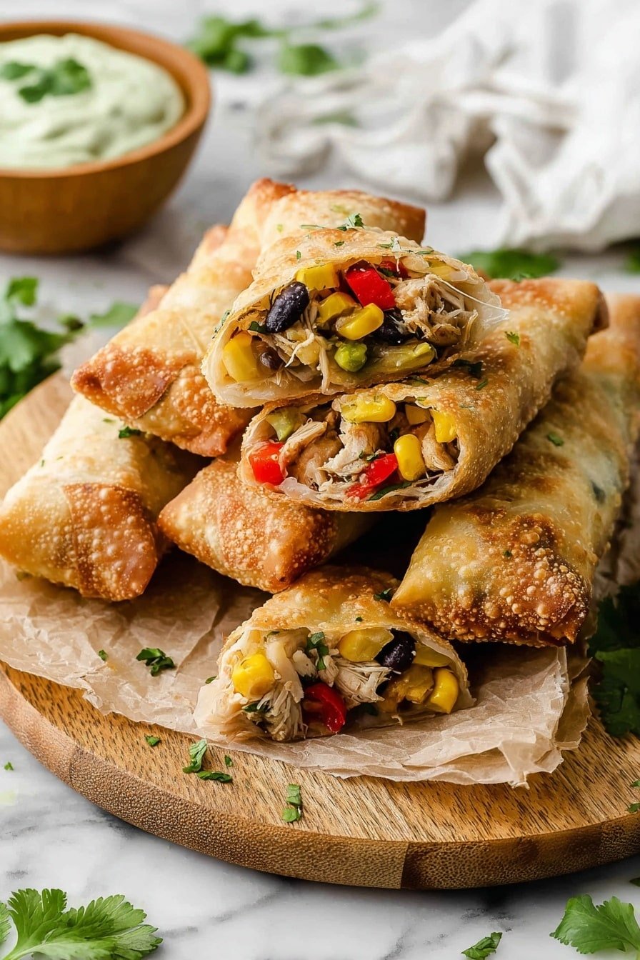 The image shows a pile of crispy golden brown egg rolls stacked on a round wooden board lined with light brown parchment paper. Each egg roll is stuffed and cut in half to show the filling inside, which contains shredded pale white chicken, bright yellow corn, black beans, and red bell peppers with small bits of green herbs. The egg rolls have a crunchy, slightly bubbled outer texture. The board sits on a white marbled surface, scattered with fresh green cilantro leaves. In the background, there is a wooden bowl with a creamy pale green dip with some cilantro sprinkled on top, and a white cloth napkin loosely folded. Photo taken with an iphone --ar 2:3 --v 7