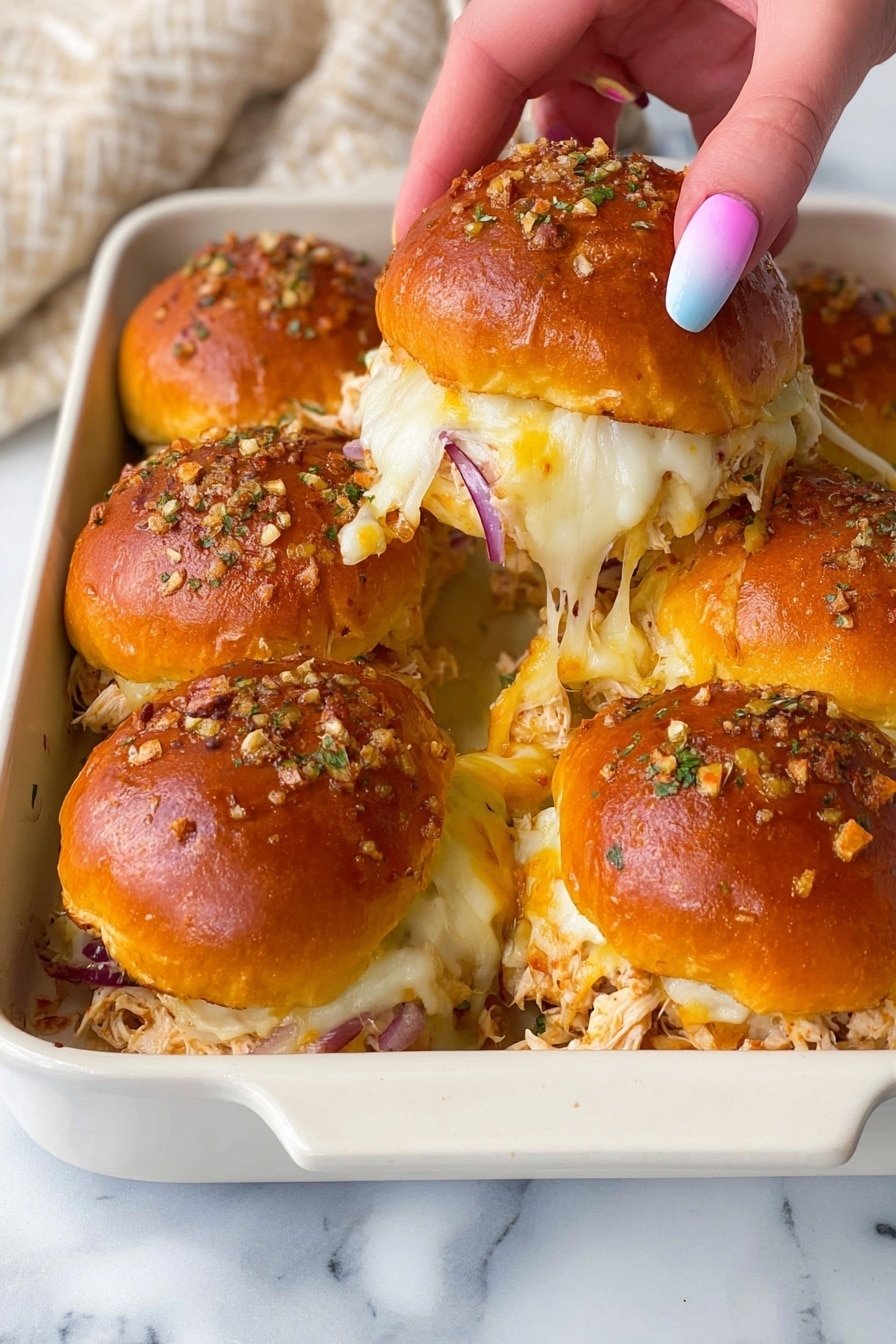 The image shows six small sandwiches arranged closely together in a white ceramic baking dish on a white marbled surface. Each sandwich has a shiny golden-brown top bun sprinkled with small bits of garlic and herbs. Below each bun, there is a layer of melted cheese that stretches thick and creamy, with a mix of white and yellow colors. Under the cheese, shredded cooked chicken mixed with pieces of purple onion is visible, adding texture and color. A woman's hand with pastel pink and blue colored nails lifts one sandwich, showing the melty cheese stretching between the sandwich and the dish. A beige cloth is partially seen in the background. Photo taken with an iphone --ar 2:3 --v 7