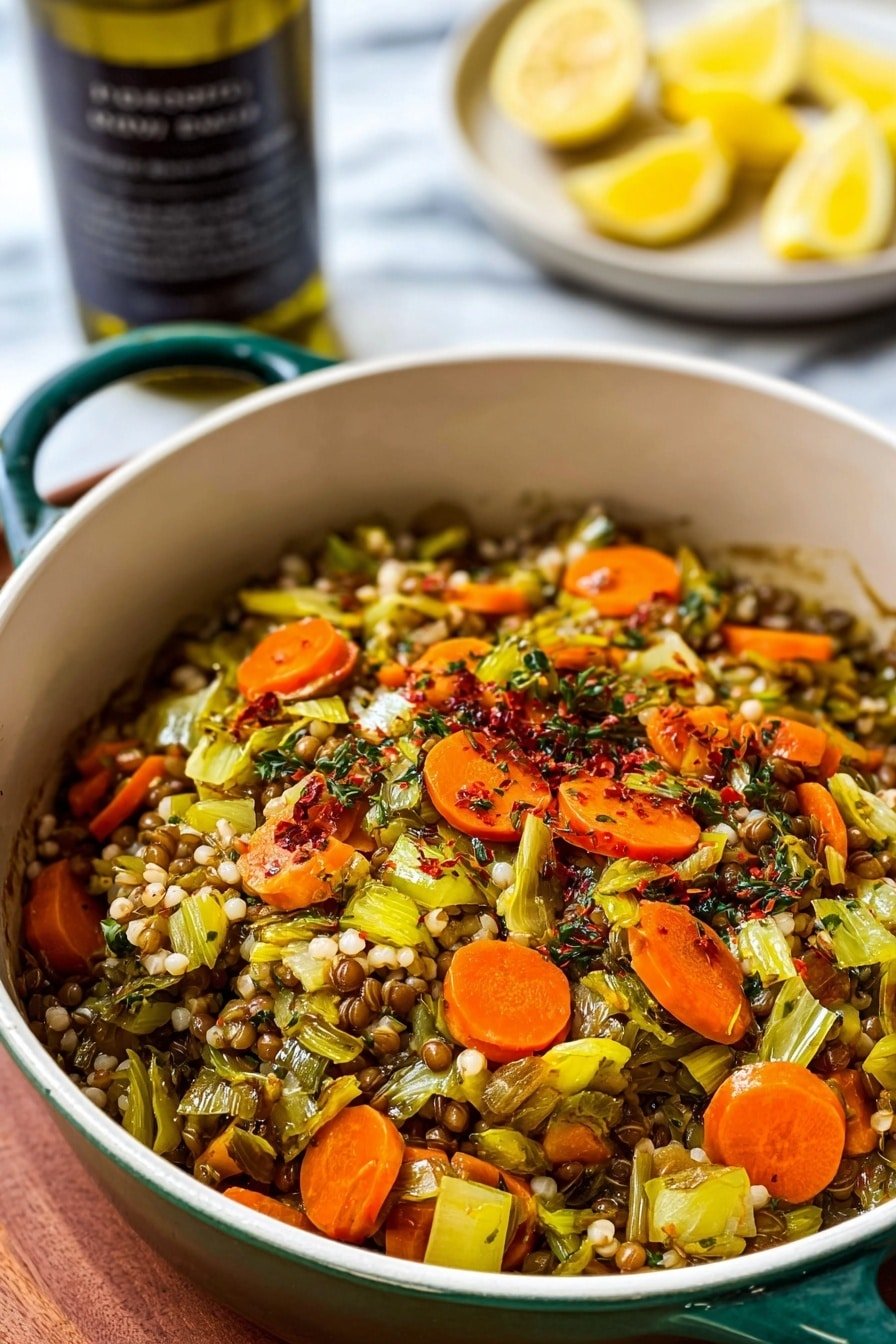 A close-up image of a blue textured bowl filled with cooked vegetables and grains. The dish has three visible layers: a base layer of small white grains, a middle layer of chopped green leeks and herbs mixed with some small bits of other vegetables, and a top layer of bright orange carrot slices evenly spread around. The vegetables look slightly soft with a shiny texture, and small red flakes are sprinkled on top. The bowl sits on a wooden table with a blurred dark bottle and a white plate with lemon wedges in the background. The background has a white marbled texture. Photo taken with an iphone --ar 2:3 --v 7