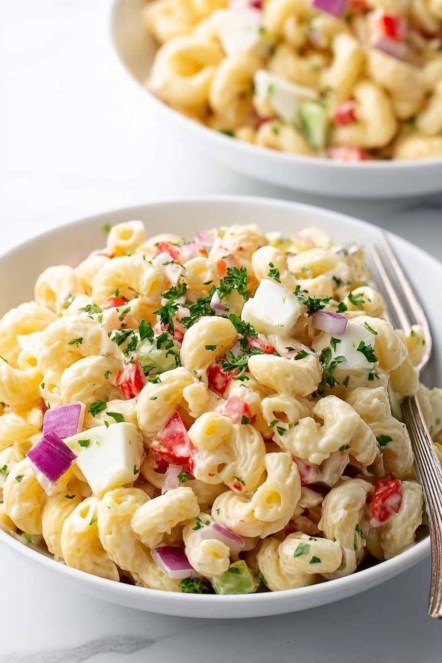A close-up of a white bowl filled with macaroni pasta salad layered with creamy off-white dressing. The pasta is mixed with small diced pieces of light red tomatoes, pale green celery, and small bits of red onion, giving a mix of soft and crunchy textures. Green herbs are sprinkled on top, adding bright green color spots. A silver fork held by a woman's hand is lifting a forkful of the salad. The background is a white marbled surface. photo taken with an iphone --ar 2:3 --v 7