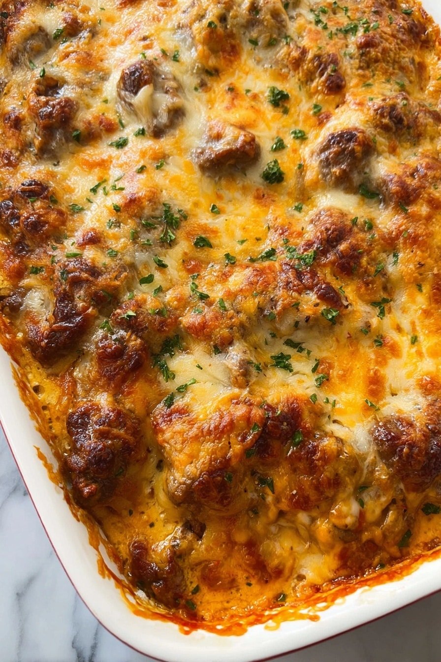 The image shows a white baking dish filled with cooked chicken thighs covered in a thick, bubbly layer of golden-brown melted cheese. The cheese has a slightly crispy, toasted texture on top with browned spots. The chicken pieces are browned with a mix of darker and lighter brown areas, peeking through the cheese in places. Small bits of chopped green herbs are sprinkled evenly over the top, adding a fresh touch of color. The edges of the cheese have melted into the sauce, creating a slightly orange tint near the dish's sides. The background is a white marbled surface. photo taken with an iphone --ar 2:3 --v 7