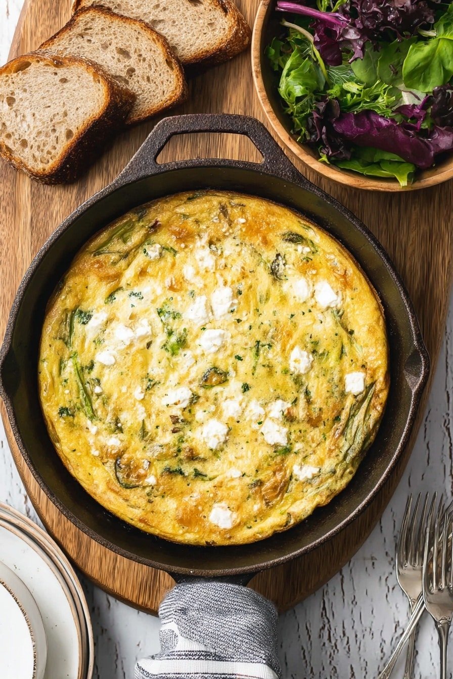 A round, golden-yellow frittata fills a dark cast iron pan with a slightly raised edge, showing bits of green vegetables and scattered white cheese clusters on top, giving a soft and bumpy texture; the pan sits on a wooden board with toasted slices of brown bread placed above it. To the right side, there is a wooden bowl filled with fresh mixed green and purple leafy salad. The background is a white marbled texture with a white plate slightly visible at the bottom right alongside the cream-colored handle of a fork. A striped cloth is wrapped loosely around the pan's handle. Photo taken with an iphone --ar 2:3 --v 7