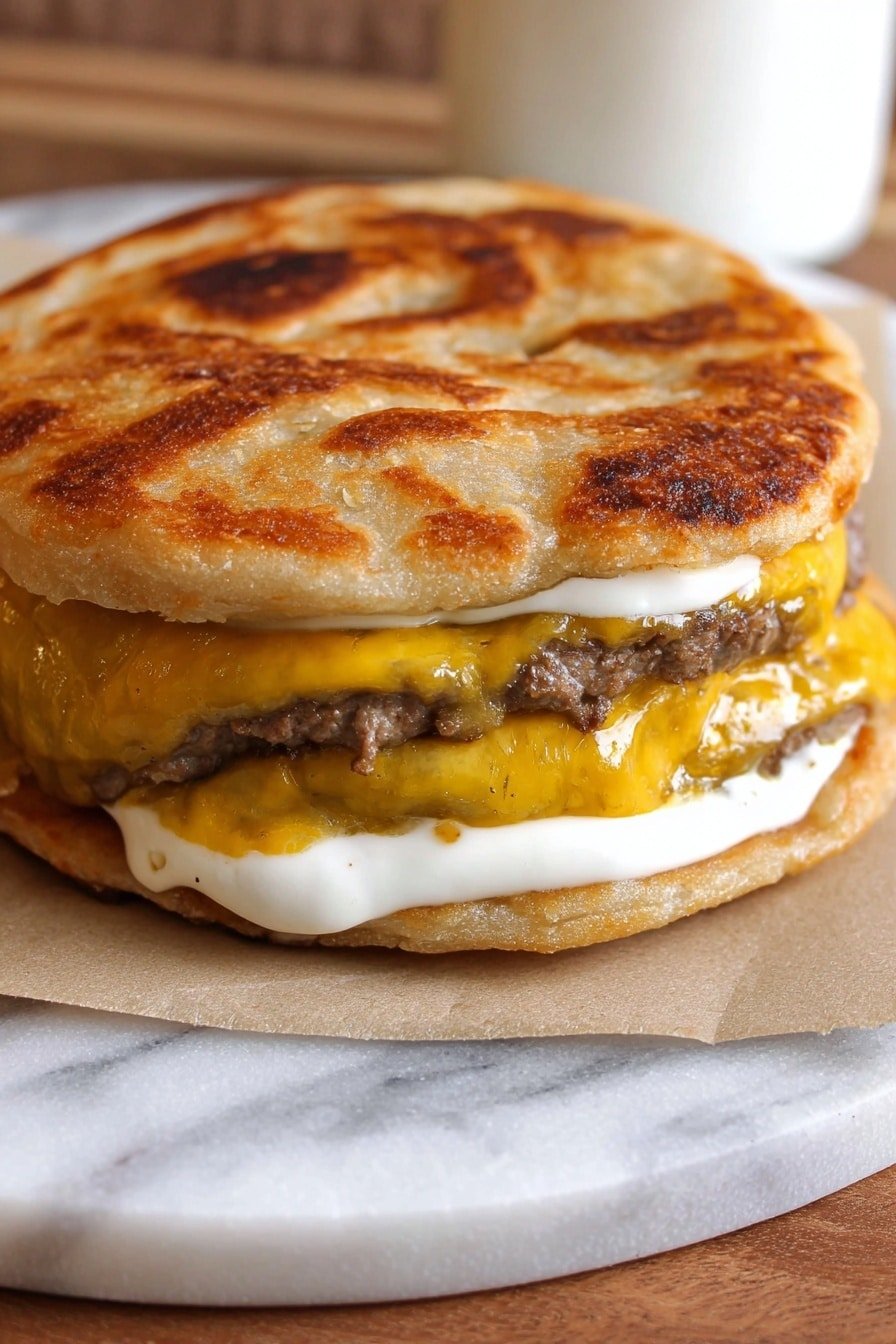 A sandwich sits on a piece of brown paper over a white marbled surface. The sandwich has three main layers: at the top is a golden-brown crispy flatbread with a spiral pattern, below it is a layer of white creamy sauce spread unevenly, then two thick layers of melted yellow cheese with a slightly bubbly texture, and at the bottom is a crispy golden flatbread similar to the top one. The sandwich looks thick and rich with the cheese melting out slightly. Photo taken with an iphone --ar 2:3 --v 7