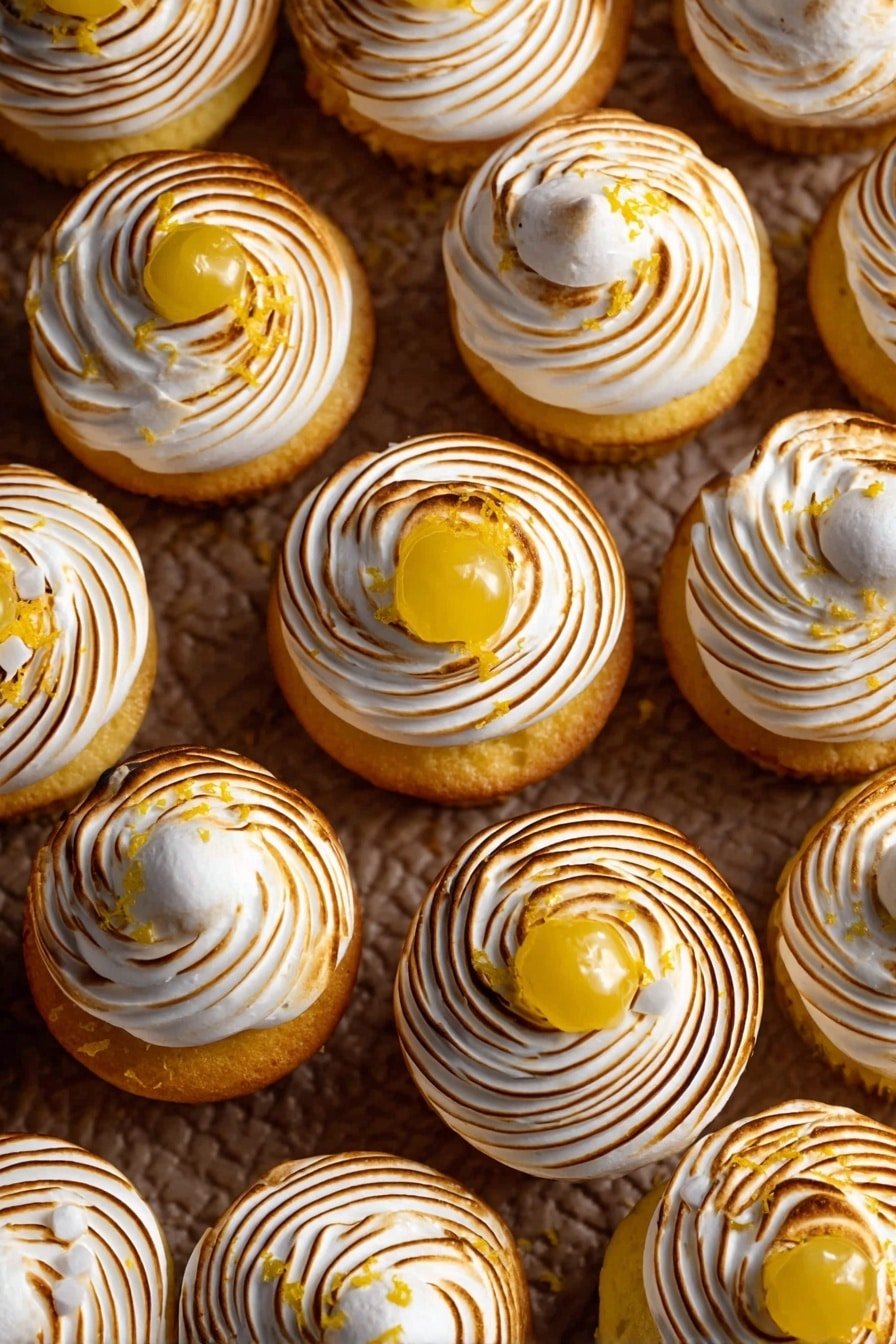 The image shows many small cupcakes arranged closely on a textured brown surface. Each cupcake has three layers: the base is a light yellow cake, topped with a smooth white meringue swirled in a spiral pattern with toasted brown accents giving a slightly burnt look. On top of some cupcakes, there is a dollop of bright yellow lemon curd placed unevenly. Small bits of grated lemon zest are scattered lightly over the tops, adding a pop of orange-yellow color. The overall look is neat, with the toasted swirls and glossy yellow curd creating a bright contrast. Photo taken with an iphone --ar 2:3 --v 7
