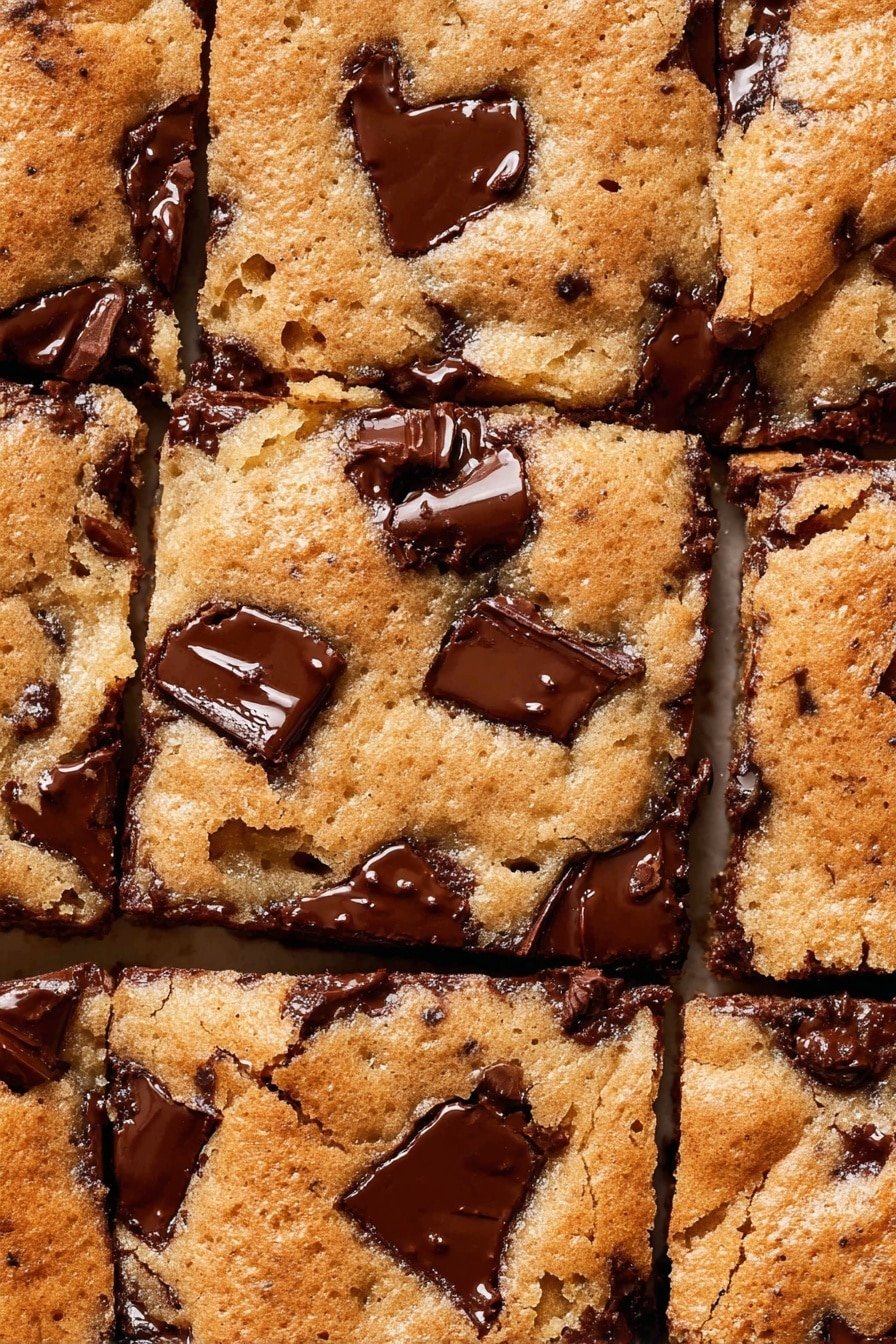 A close-up view of a batch of nine square blondies, each showing a golden brown top layer with uneven cracks and a soft, slightly crumbly texture. Scattered over the top of each blondie are large, glossy dark chocolate chunks that have melted slightly, creating smooth, irregular shapes with shiny surfaces contrasting against the matte cookie base. The blondies fit tightly together with clean, straight edges where they were sliced, highlighting the contrast between the light cookie dough and the rich dark chocolate spots throughout. The image focuses on the texture and mix of colors, with a white marbled surface barely visible around the edges. photo taken with an iphone --ar 2:3 --v 7