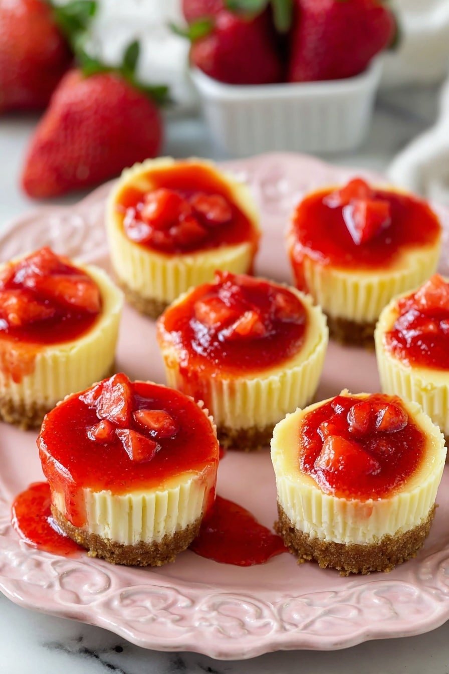 Nine mini cheesecakes are arranged on a white plate with a scalloped edge, each with three distinct layers. The bottom layer is a light brown crumb crust, firm and textured. The middle layer is thick and creamy pale yellow cheesecake, smooth and slightly firm. The top layer is a bright red strawberry sauce with small strawberry chunks, glossy and slightly runny, some sauce dripping onto the white plate. In the background, there are blurred fresh strawberries and a white marbled surface. photo taken with an iphone --ar 2:3 --v 7