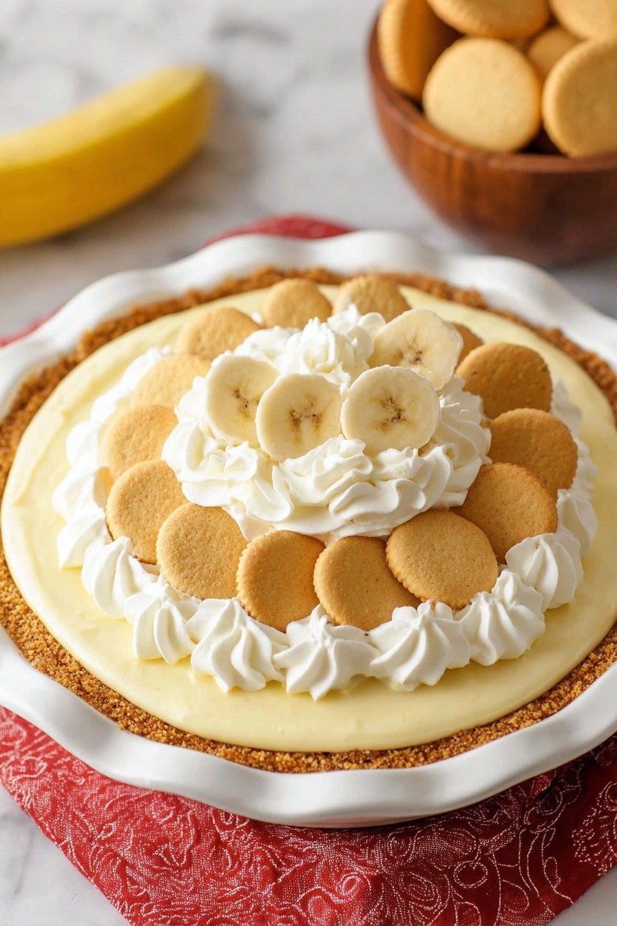 This image shows a pie with four visible layers, placed on a white marbled surface. The bottom layer is a golden-brown crust with a crimped edge, holding a smooth, light yellow custard filling as the second layer. On top of the custard, there are round, golden-brown cookies arranged in a circle near the edge with a smaller circle in the center. The third layer consists of evenly spaced swirls of white whipped cream around the outer edge of the pie. The fourth layer includes slices of banana, placed in a crescent shape over the cookies in the center. The pie is in an ornate white dish, resting on a yellow cloth. In the background, there is a bowl full of similar round cookies. photo taken with an iphone --ar 2:3 --v 7