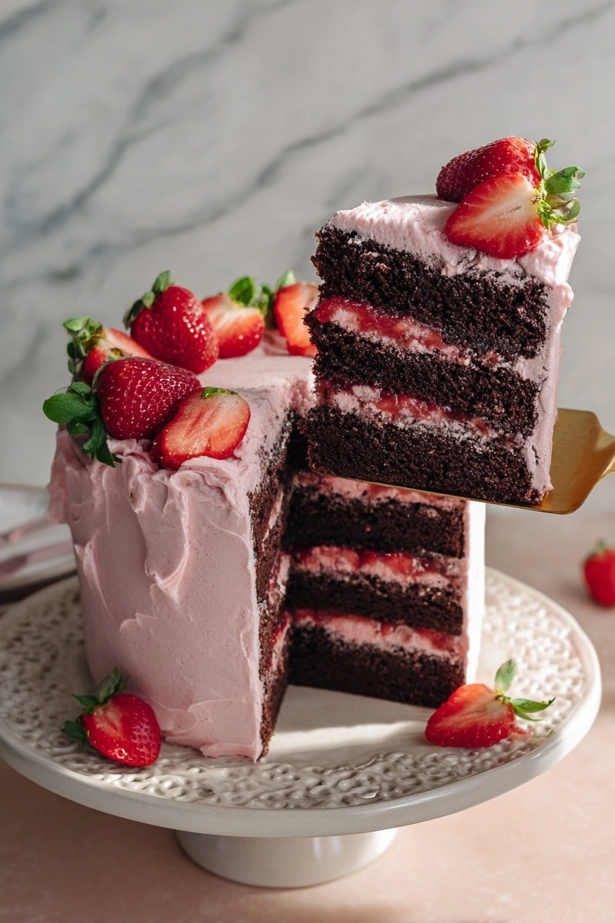A four-layer chocolate cake is covered in light pink frosting with a creamy texture. Between each dark brown chocolate layer, there is a red strawberry jam filling. The outside of the cake is decorated with whole fresh strawberries placed around and on top. One slice is lifted by a woman's hand holding a metal spatula, showing the thick layers clearly. The cake sits on an ornate white plate, and the background has a white marbled texture. Photo taken with an iphone --ar 2:3 --v 7