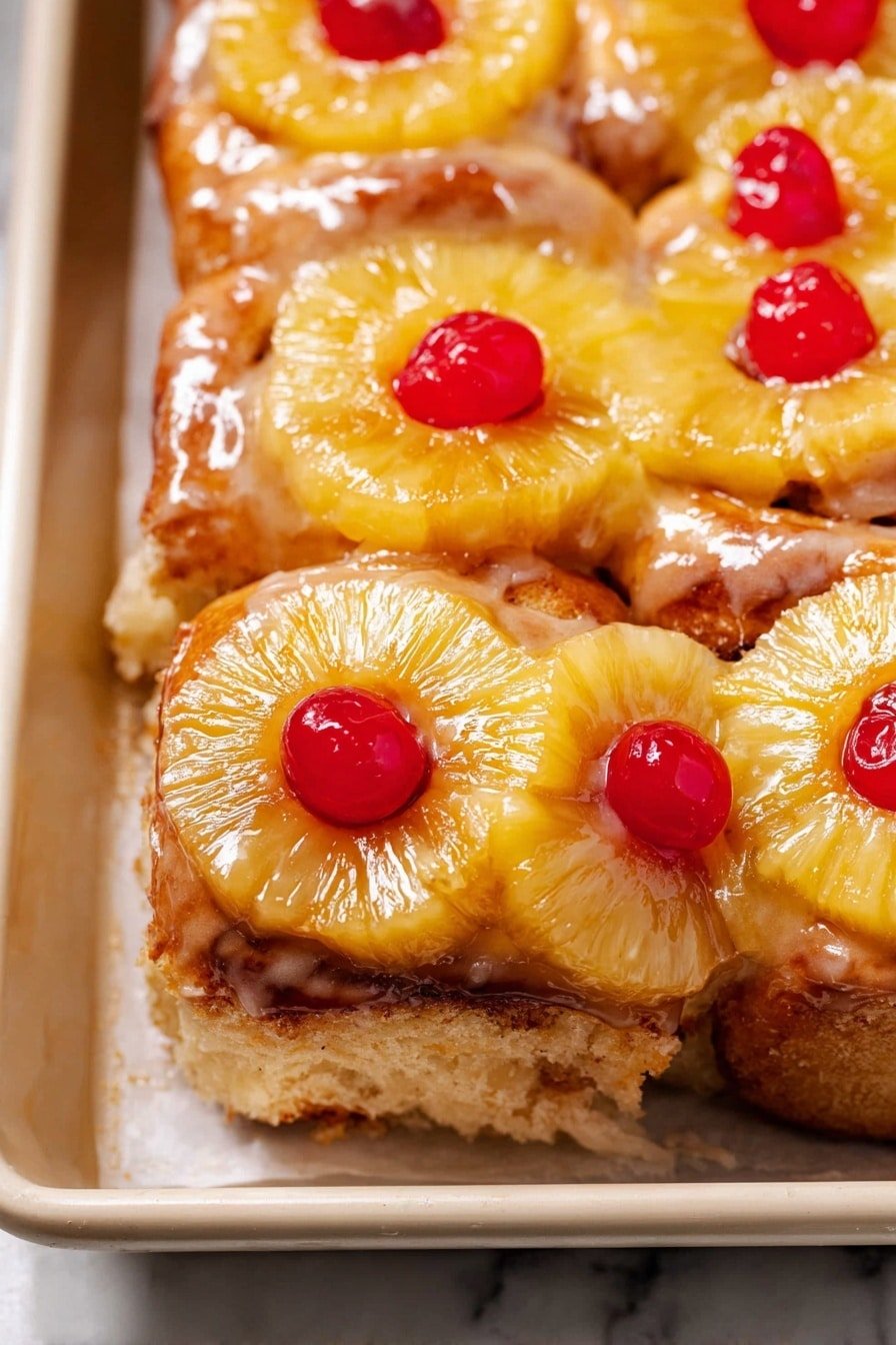 The dish shows a close-up of a tray filled with layered sweet rolls topped with glossy pineapple rings and bright red cherries in the center of each ring. There are two layers visible: the bottom layer is light brown, soft, and fluffy cinnamon bread rolls, and the top layer is made of golden yellow pineapple slices with shiny glaze covering them, making them look wet and sticky. The red cherries add contrast and are placed neatly in the middle of each pineapple ring. The rolls appear soft with some gooey icing partially melted between the layers, all sitting on a light-colored tray with an off-white paper underneath. The photo is set on a white marbled texture. photo taken with an iphone --ar 2:3 --v 7