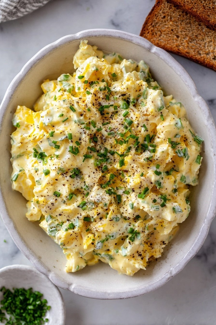 The image shows a white bowl filled with creamy egg salad that has a soft, chunky texture in shades of pale yellow and white, mixed with small green pieces of chopped herbs evenly spread throughout. The egg salad is topped with a light sprinkling of black pepper and fresh green chopped herbs, adding color contrast. The bowl is placed on a white marbled surface, with a small piece of brown toast visible in the upper right corner and a white small dish with extra chopped herbs at the bottom left. photo taken with an iphone --ar 2:3 --v 7