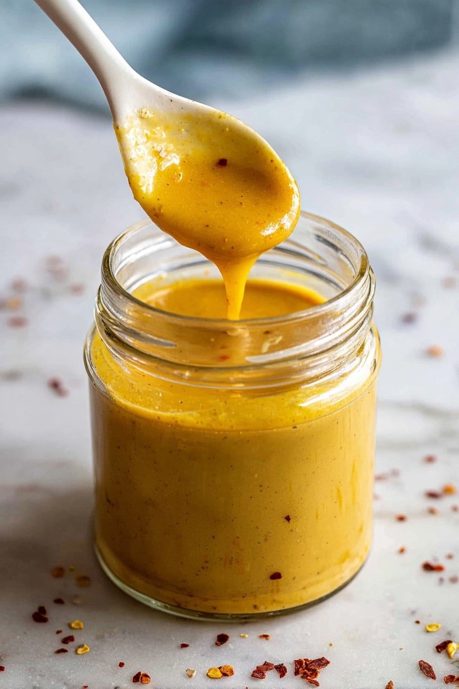 A clear glass jar is filled with a smooth, thick sauce of bright yellow-orange color with tiny specks of red and black spices. A white ceramic spoon, held by a woman's hand just out of the frame, is dipped into the jar and lifting some sauce, which drips slowly back into the jar. The background is a white marbled surface with some scattered red spice flakes. The lighting brings shine to the sauce, showing its creamy texture. photo taken with an iphone --ar 2:3 --v 7