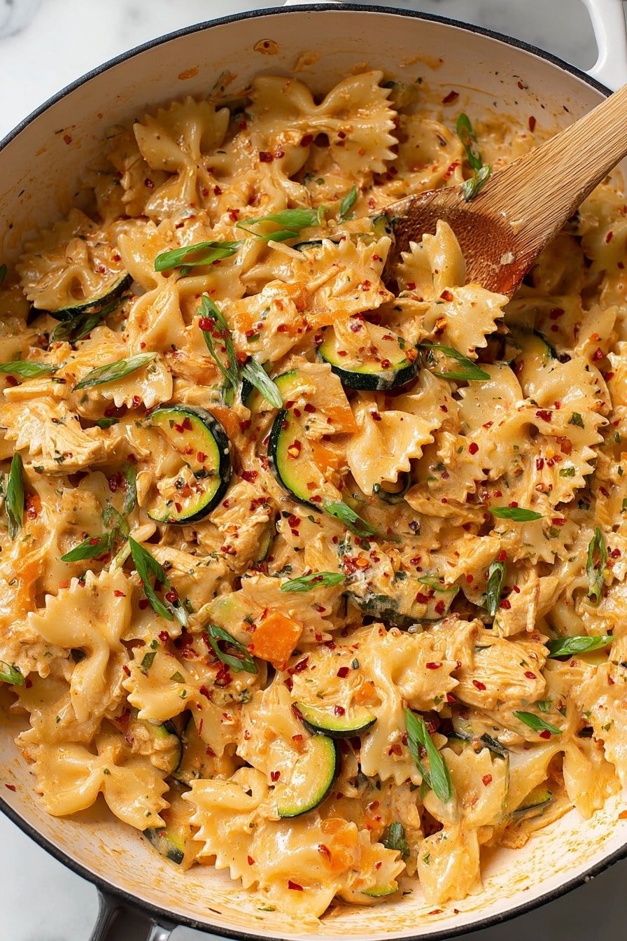 A pan filled with creamy bowtie pasta mixed with a light orange sauce, small diced orange pieces, and thin slices of green zucchini, all topped with scattered sliced green onions and sprinkled red chili flakes. A wooden spoon rests inside the pan, partially mixing the pasta. The background surface is white marble photo taken with an iphone --ar 2:3 --v 7
