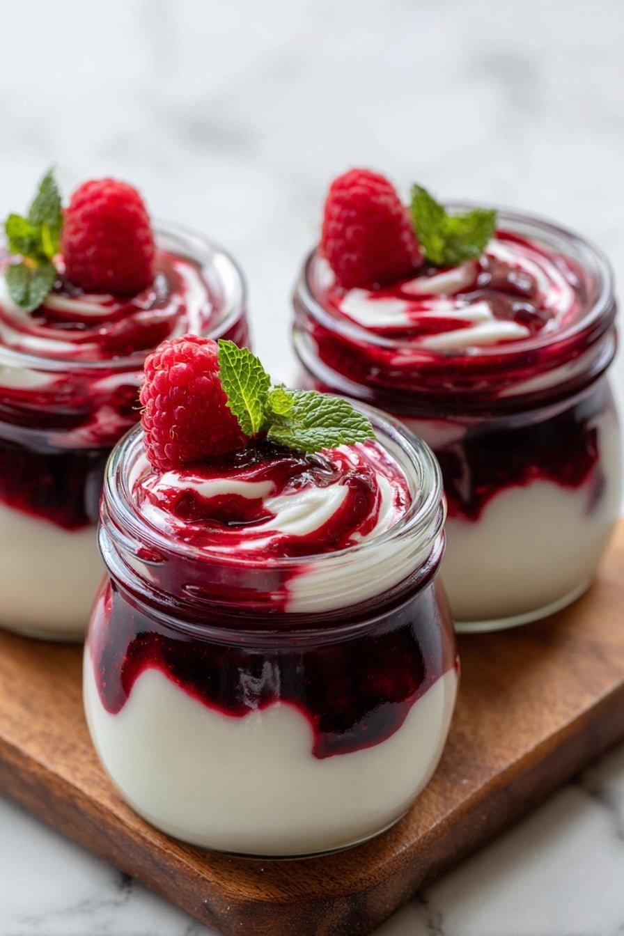 Three small glass jars filled with a dessert are placed on a white marbled surface with a metal rack below. Each jar has four visible layers: at the bottom is smooth white cream, followed by a thick, dark red berry sauce that looks slightly shiny and rich. Above the sauce is another layer of the white cream, then topped again with red berry sauce mixed with white cream in soft swirls. On top of each jar, there is a final layer of white cream, garnished with two fresh raspberries and a small green mint leaf. The jars have a rounded shape with a narrow neck that flares slightly at the top. The overall look is clean, fresh, and colorful. photo taken with an iphone --ar 2:3 --v 7