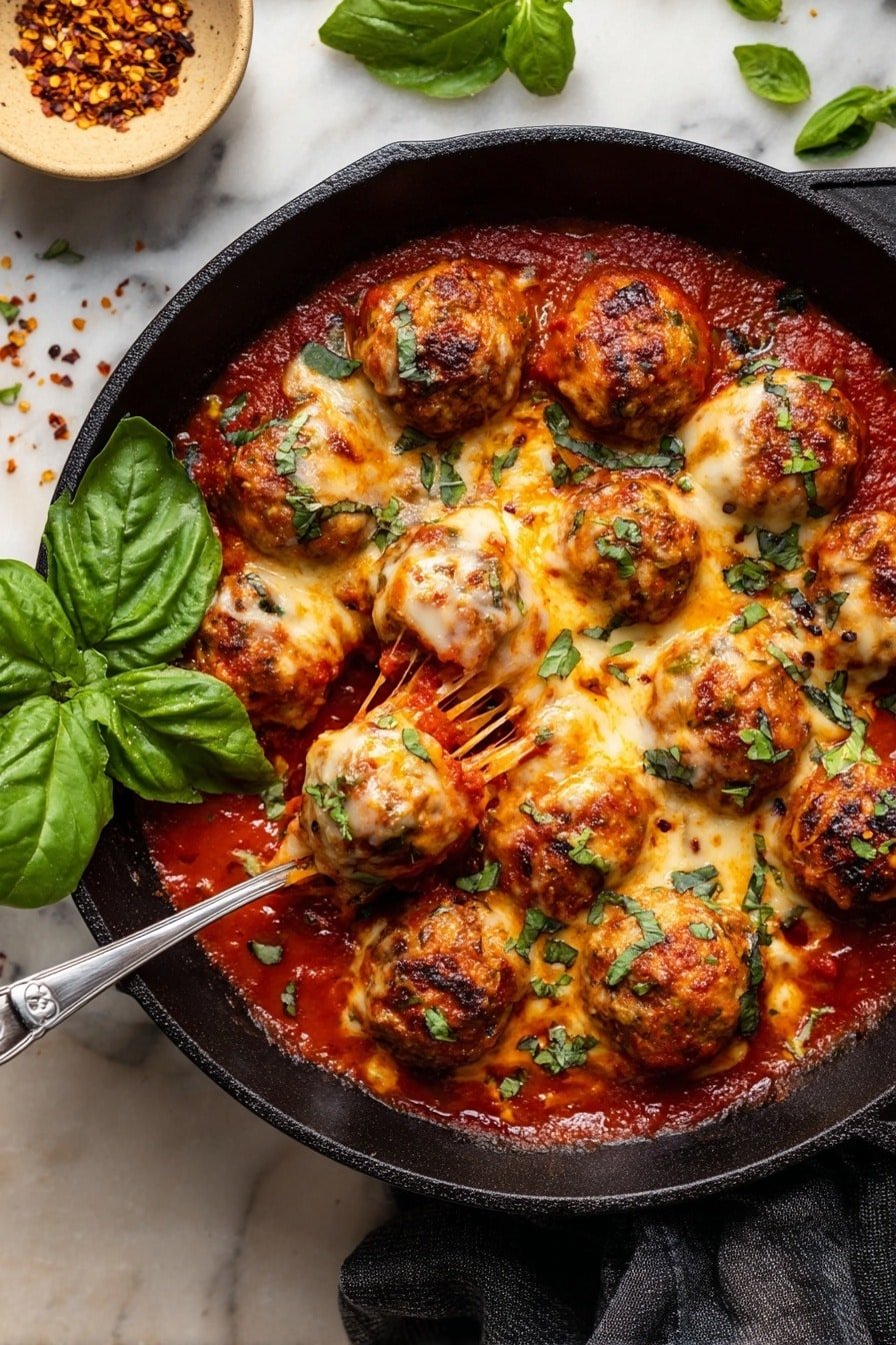 A black cast iron pan filled with about eleven round meatballs covered in melted browned cheese and thick red tomato sauce, topped with small chopped green herbs scattered over them. A spoon is lifting one meatball showing melted cheese stretching from it, with fresh large green basil leaves placed on the left side of the pan. The pan sits on a white marbled surface with some scattered chili flakes in a small beige bowl on the top left and green basil leaves near the top right. photo taken with an iphone --ar 2:3 --v 7