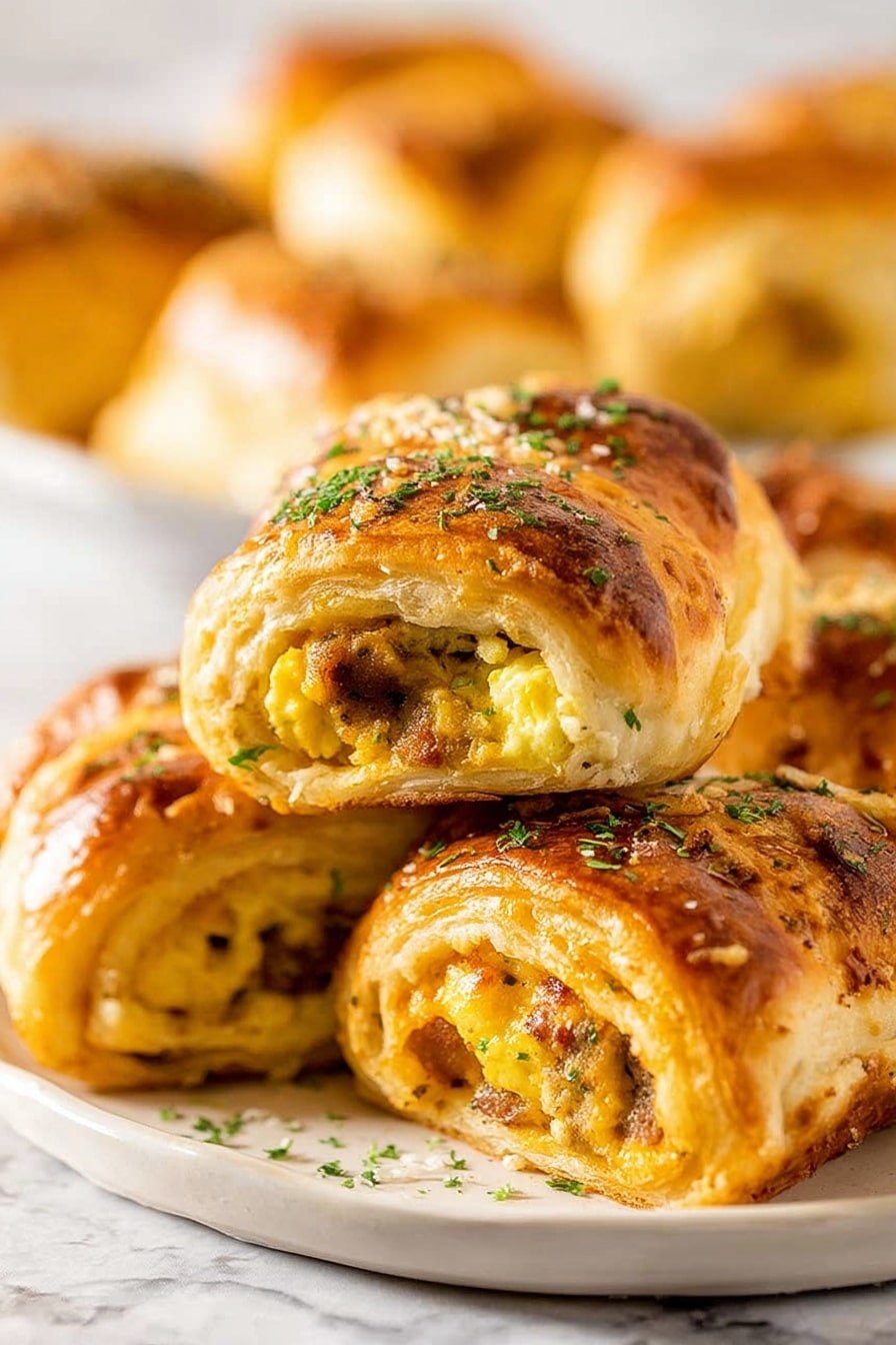The image shows several golden-brown stuffed pastries arranged on a white marbled surface. The pastries have a flaky, shiny crust with a light sprinkling of green herbs on top. Each pastry appears to be a folded dough with a visible filling of scrambled eggs and pieces of sausage inside. The flaky layers of the crust are crispy and slightly puffed, with some pastries stacked on top of each other creating a layered effect. The focus is on one pastry in the front showing a cross section of the soft inside and crispy outside, while others are softly blurred in the background. Photo taken with an iphone --ar 2:3 --v 7