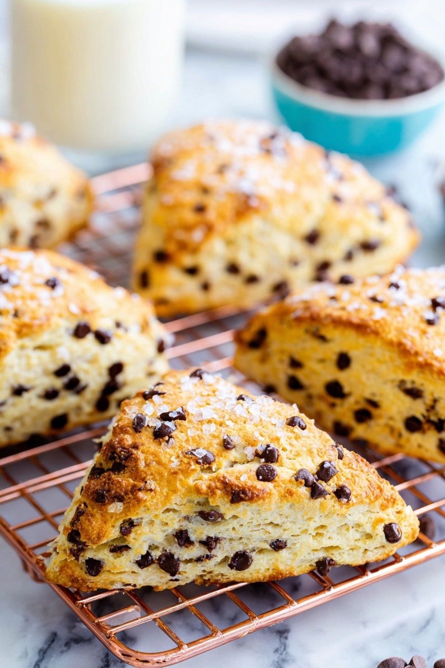 The image shows several triangular baked scones with a golden brown crust on top, sprinkled with coarse sugar grains. Each scone is filled with many small dark chocolate chips unevenly spread inside the light beige dough. The scones are arranged on a copper wire cooling rack that rests on a white marbled surface. In the background, there is a blurry white glass and a blue bowl holding more chocolate chips. The overall scene is bright with soft lighting. photo taken with an iphone --ar 2:3 --v 7