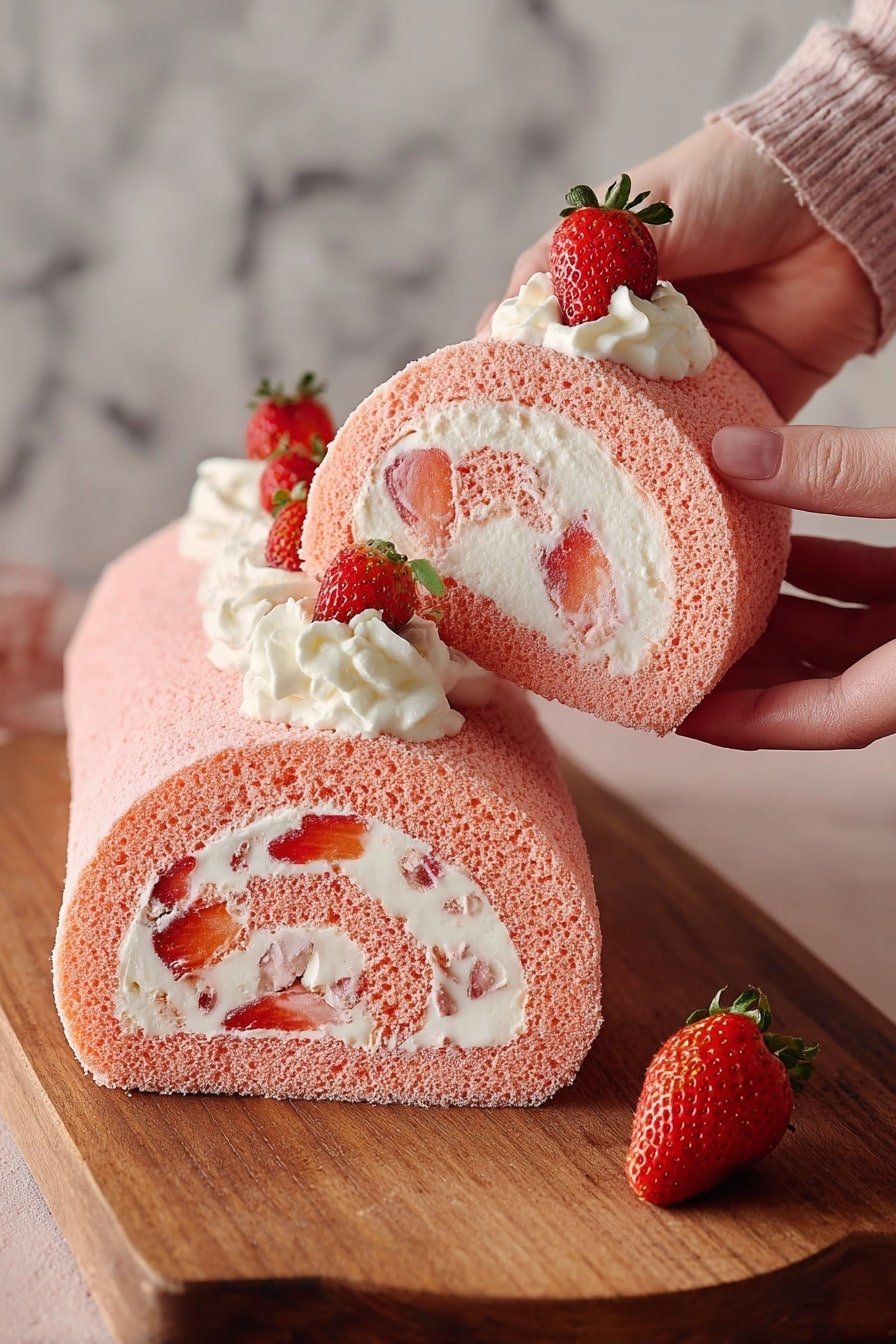 The image shows a close-up of a pink sponge roll cake with three visible layers. The outer layer is a soft pink sponge textured with small holes, rolled around a fluffy white cream layer mixed with small pieces of red strawberry. The cake is topped with dollops of white cream, each decorated with a half or whole bright red strawberry. Two woman’s hands hold a slice of the cake, one at each side, showing the spiral pattern inside. The cake is resting on a wooden surface, with a white marbled texture background. In the foreground, a whole strawberry is placed near the cake slices. photo taken with an iphone --ar 2:3 --v 7