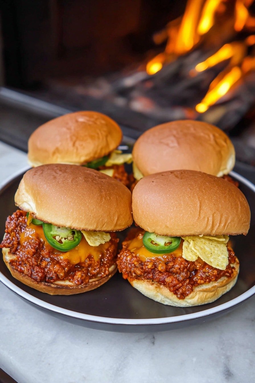 Three burgers sit on a white plate with soft, light brown buns on top. Each burger has a thick layer of chili with a reddish, chunky texture placed above the cooked beef patty at the bottom. On top of the chili, there are green jalapeño slices and a few crispy yellow chips, adding color and texture. The plate rests on a white marbled surface with a warm fire burning behind it, showing small bright flames. The burgers are close together, filling the plate fully. photo taken with an iphone --ar 2:3 --v 7