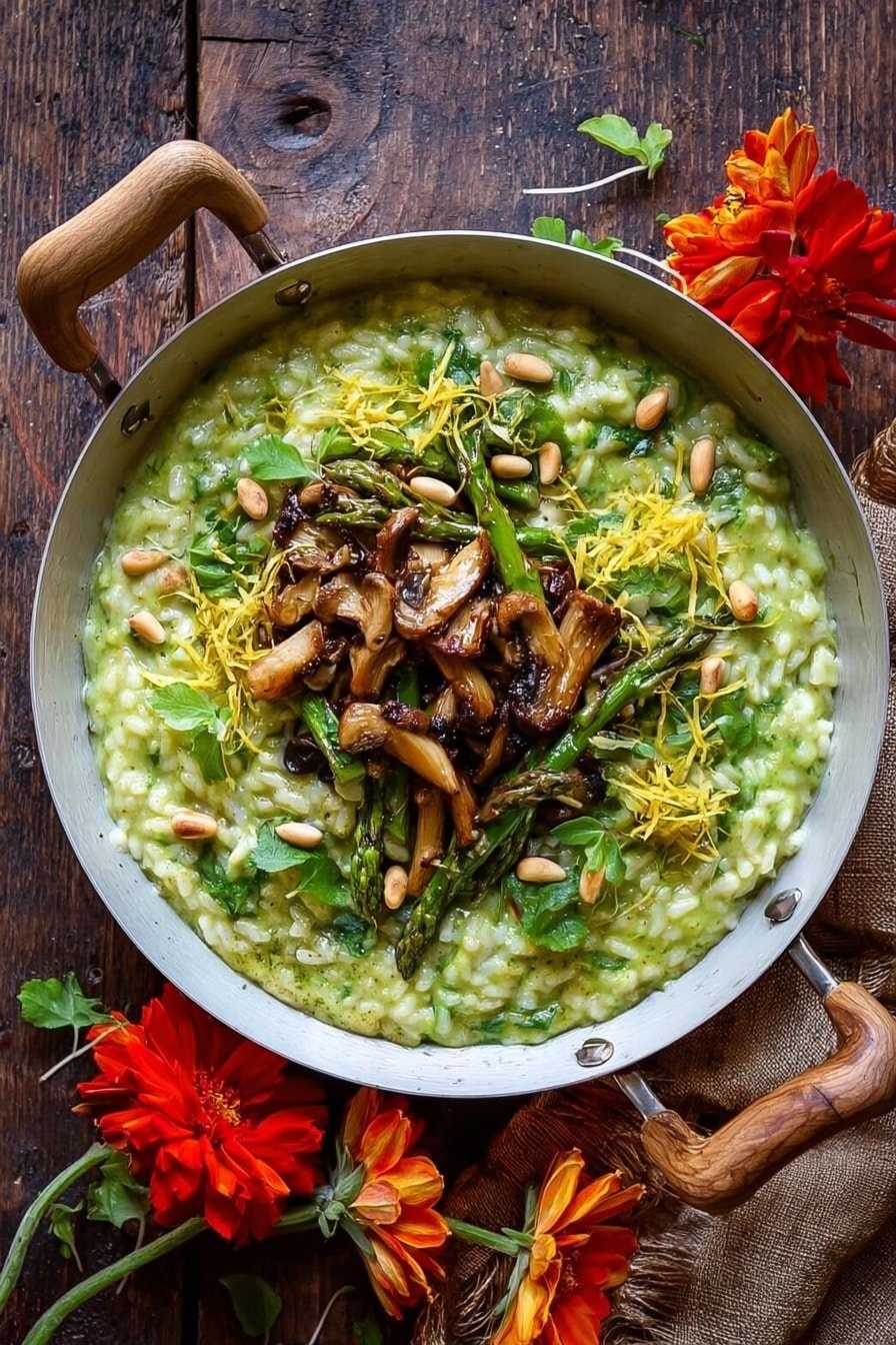 A white bowl with a brown rim holds a creamy green risotto as the base layer, mixed with small pieces of green asparagus. On top, there is a cluster of cooked brown mushrooms in the center. Scattered over the dish are light tan pine nuts and fresh green leaves. Thin yellow strands, possibly lemon zest, are spread around the mushrooms, adding color contrast. The bowl sits on a rustic dark wooden surface with a woman's hand holding a fork on the right side of the bowl. Bright red and orange flowers with green leaves are placed beside the bowl. Photo taken with an iphone --ar 2:3 --v 7