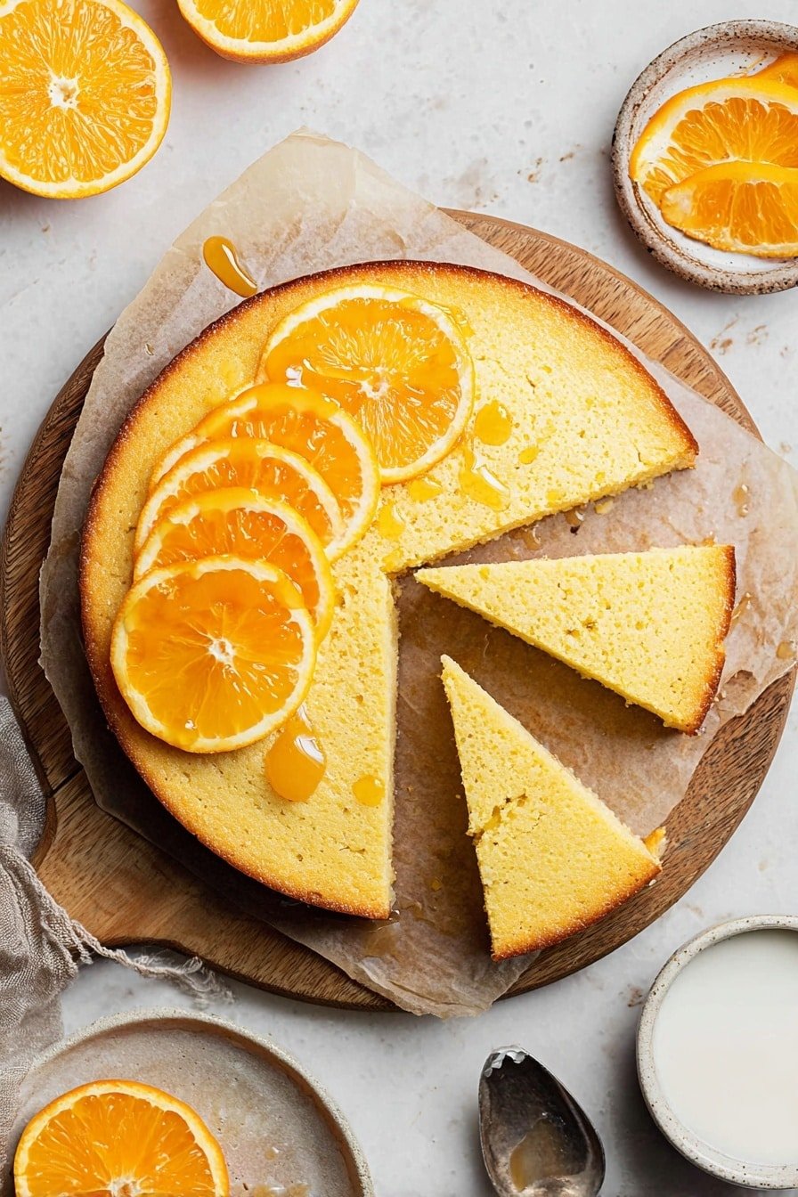 A round, lightly cracked yellow cake with a brown edge is placed on a wooden board lined with parchment paper on a white marbled surface. The cake is cut into four triangular slices, with two slices slightly pulled out revealing a moist inner texture. Five bright orange round slices are arranged in a fanned pattern on the upper left side of the cake. Around the board, there is one half sliced orange at the top left, another half sliced orange at the bottom left, a vintage silver spoon at the bottom right, and a speckled cream-colored jug filled with white liquid near the top right. Photo taken with an iphone --ar 2:3 --v 7