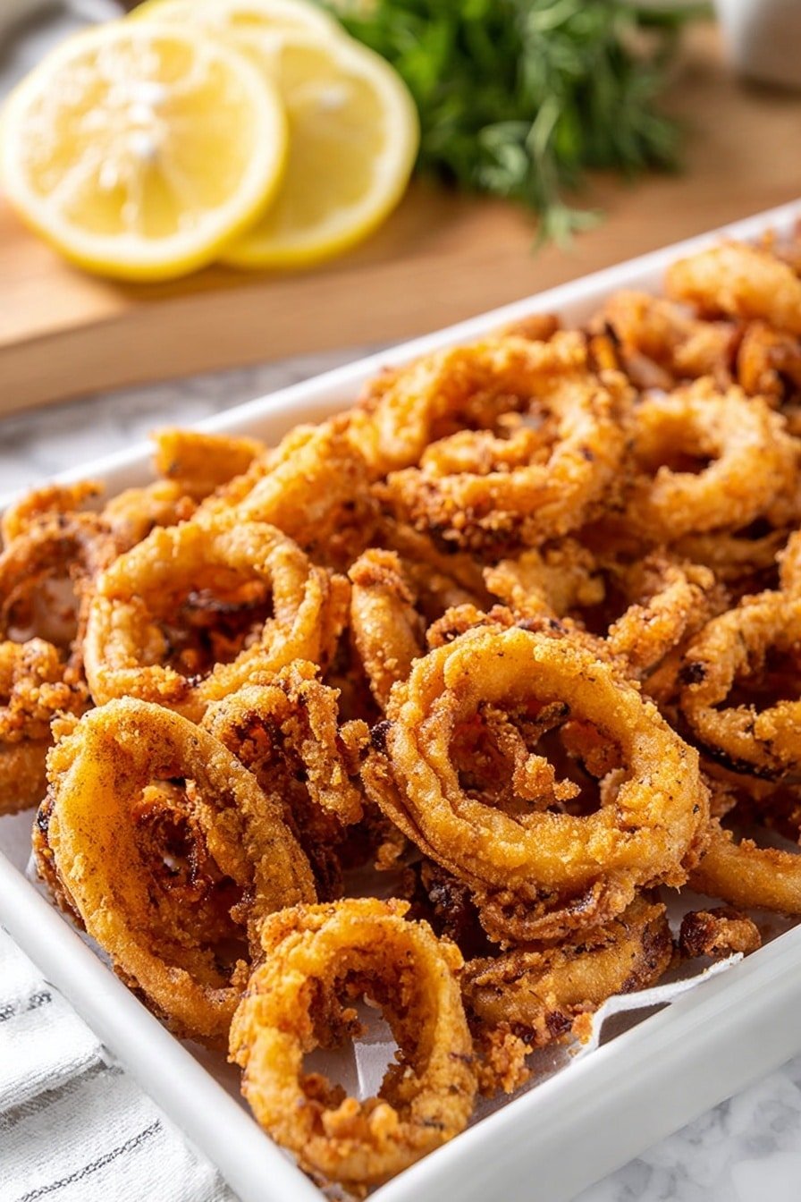 A white rectangular tray is filled with many fried onion rings, each golden brown with a crunchy texture and some darker spots from frying. The onion rings are piled up, showing their curved, round shapes with slightly rough coatings. In the blurred background, a wooden board holds lemon wedges and some green herbs. The scene is set on a white marbled surface. photo taken with an iphone --ar 2:3 --v 7