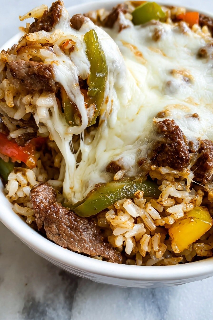 The dish is served in an ornate white bowl filled with three main layers: the bottom layer is light brown cooked rice showing a slightly grainy texture, the middle layer has a mix of cooked green and orange bell pepper pieces along with translucent sautéed onion slices, and the top layer consists of dark brown cooked beef strips with some melted white cheese stretched over it. A silver fork is placed inside the bowl, partially submerged in the beef and vegetable mix. In the background, there is a white pan with a similar beef and vegetable mixture and two wooden shakers on a white marbled surface. Photo taken with an iphone --ar 2:3 --v 7