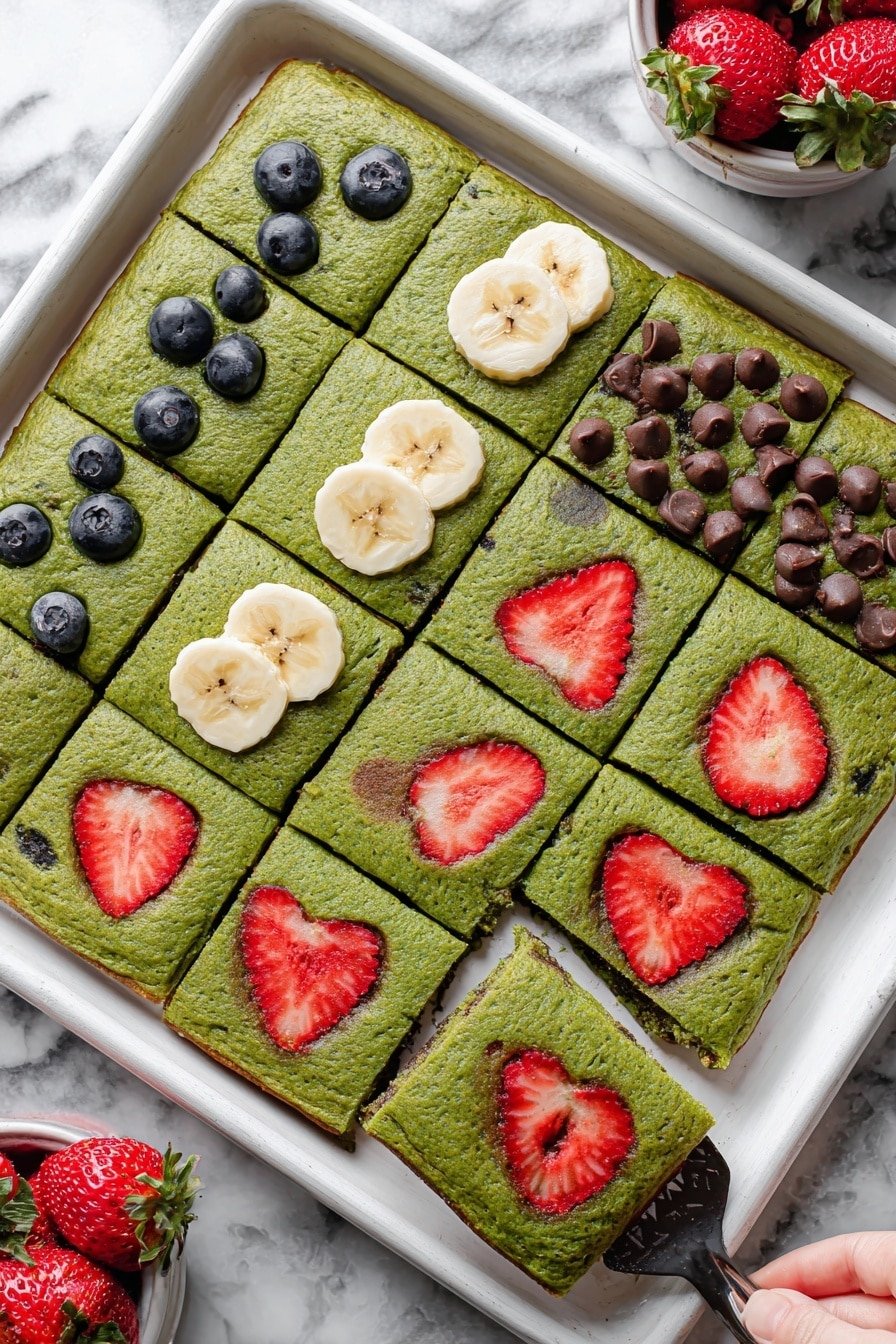The image shows a rectangular green cake divided into 12 square pieces with three different toppings on each section. The bottom 6 squares have bright red strawberry slices embedded on the green surface. The top right 6 squares have chocolate chips scattered on top, with some chips slightly melted. The top left 4 squares show a mix of banana slices arranged neatly on the bright green cake, and some blueberries are visible in the bottom left corner. One square piece with strawberries and scattered chocolate chips on the side is lifted by a woman's hand holding a metal spatula from the ornate white baking tray. The tray is placed on a surface with white marbled texture, with a cup of whole strawberries in the background. Photo taken with an iphone --ar 2:3 --v 7
