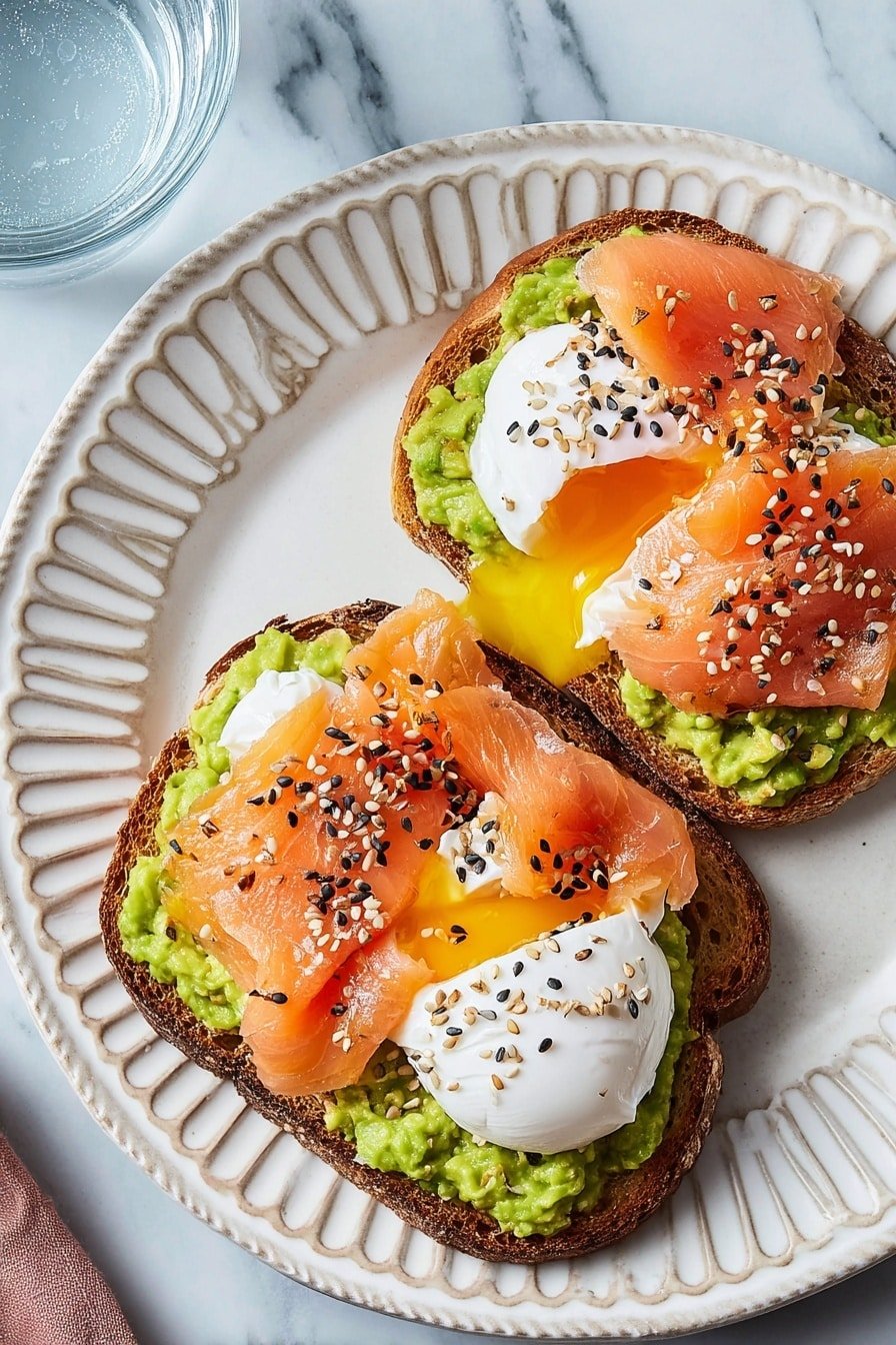 Two pieces of toasted bread serve as the base on an ornate white plate, each slice topped with a layer of bright green smashed avocado. On top of the avocado, there are folds of vivid pink smoked salmon, sprinkled generously with a mix of black, white, and toasted sesame seeds. Each toast is finished with a poached egg, the white soft and smooth, and the golden yolk gently oozing out onto the salmon and avocado. The plate is set against a white marbled texture, with a glass of water partially visible in the corner. Photo taken with an iphone --ar 2:3 --v 7