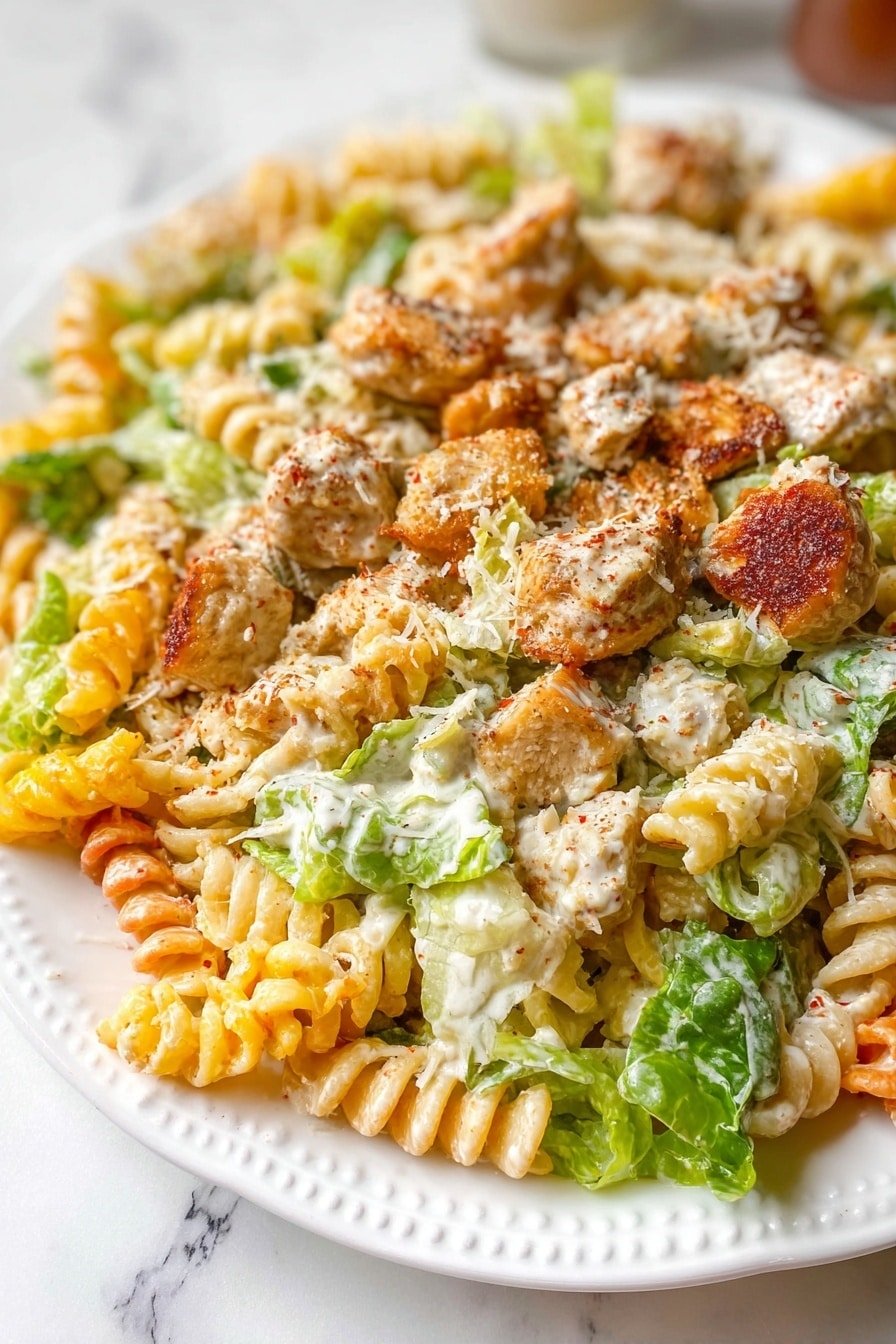 The image shows a dish with three main layers in an ornate white shallow bowl on a white marbled surface. The bottom layer is a mix of tri-color spiral pasta in shades of light yellow, orange, and green, giving a textured, curly look. The middle layer includes pieces of cooked chicken or meatballs that are golden brown and slightly crispy on the outside, scattered evenly. Mixed with the pasta and meat are fresh green lettuce leaves that add a crisp contrast. The top layer is a creamy white sauce generously coating the pasta and meat, sprinkled with finely grated cheese and tiny specks of red seasoning. Photo taken with an iphone --ar 2:3 --v 7