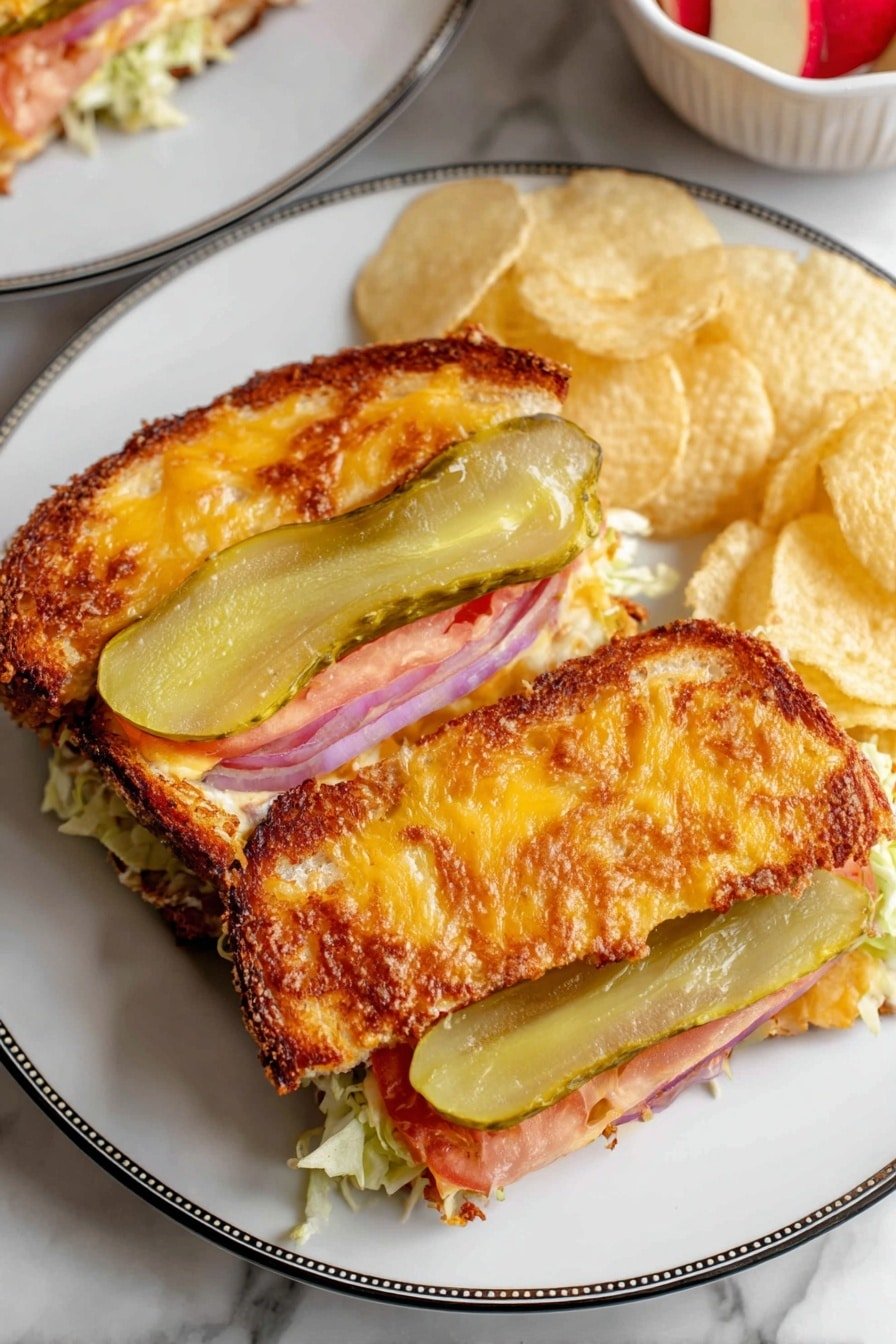 The image shows a sandwich cut in half on an ornate white plate with a thin black rim, placed on a white marbled texture. The sandwich has three visible layers inside: a bed of shredded pale green lettuce, thin slices of red tomato, and slices of red onion, all between two layers of crispy melted golden-brown cheese with darker browned edges on top. Two long thin slices of slightly charred green pickles lay on the top melted cheese layer of each sandwich half. To the right of the sandwich halves, there are some golden-brown, round potato chips. In the background, part of a white bowl with red apple slices is visible. photo taken with an iphone --ar 2:3 --v 7