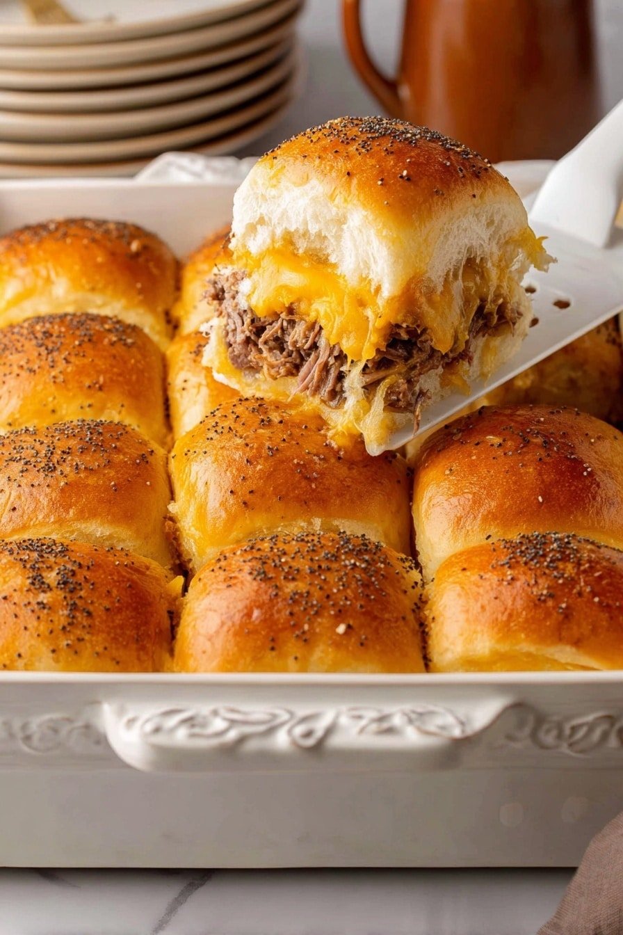 A group of soft, golden-brown slider buns with poppy seeds on top sits closely together in an ornate white baking dish on a white marbled surface. One slider is lifted by a white spatula, showing its layers: a warm, shiny bun on top, melted yellow cheese underneath, and shredded cooked meat at the bottom. The buns have a slightly shiny, toasted texture, and they are tightly packed forming a grid of three rows and four columns. The background features stacked ornate white plates and a brown jug. Photo taken with an iphone --ar 2:3 --v 7
