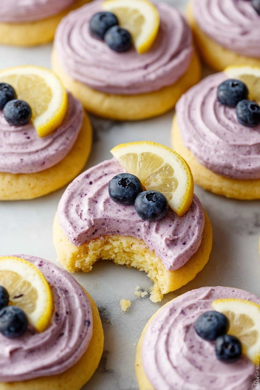 The image shows a group of round yellow cookies with a smooth texture topped with a thick layer of light purple frosting that has small dark specks inside, swirled on top in a circle. Each cookie is decorated with a small wedge of bright yellow lemon and a single dark blue blueberry placed side by side. One cookie is cut in half, showing the soft crumbly light yellow inside, with the frosting and fruit on top. The cookies rest on a white marbled texture surface with some small crumbs scattered around. photo taken with an iphone --ar 2:3 --v 7