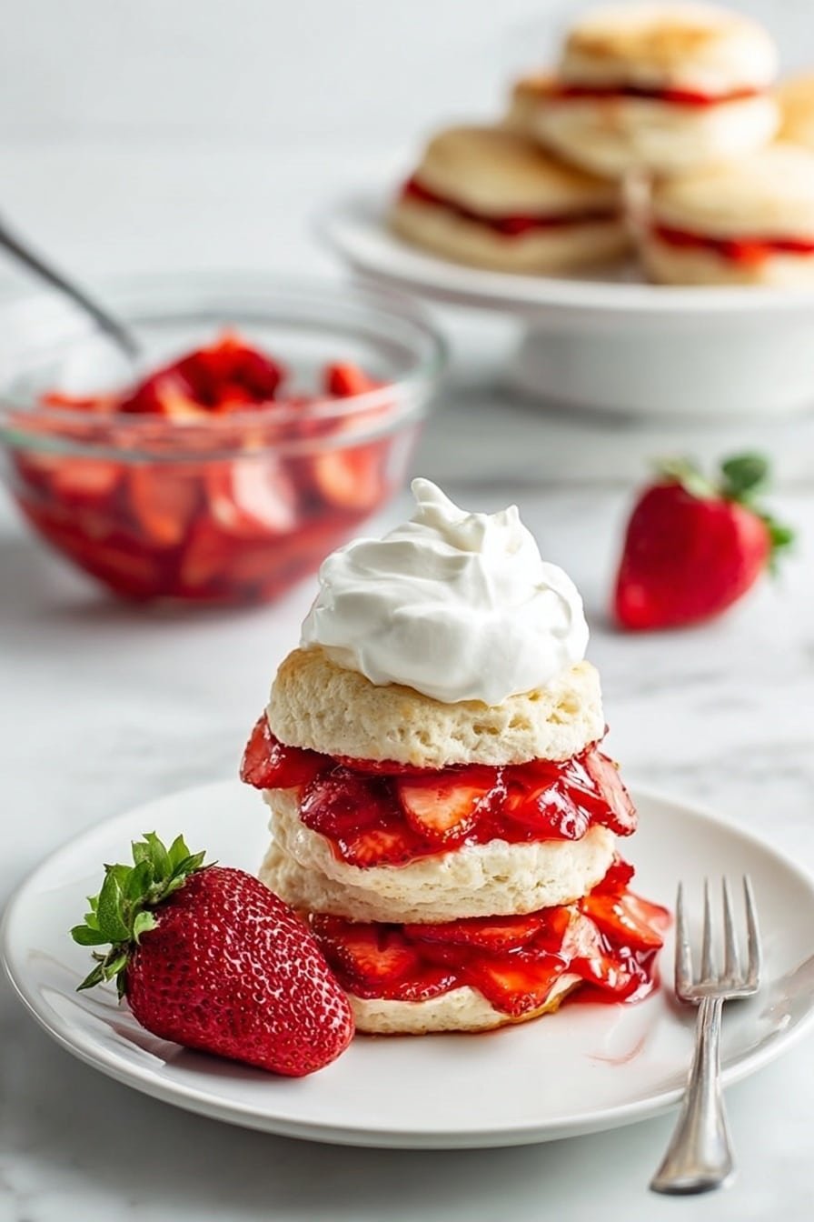 A three-layer shortcake stack sits on an ornate white plate on a white marbled texture. The bottom layer is pale golden shortcake with bright red sliced strawberries on top, soaked slightly with strawberry syrup. The middle layer is another shortcake, topped generously with fresh strawberries cut into smaller pieces. The top layer is a dollop of smooth white whipped cream. A woman's hand holds a spoon above the stack, dripping red strawberry syrup onto the whipped cream, with a blurred bowl of strawberries in the background. photo taken with an iphone --ar 2:3 --v 7