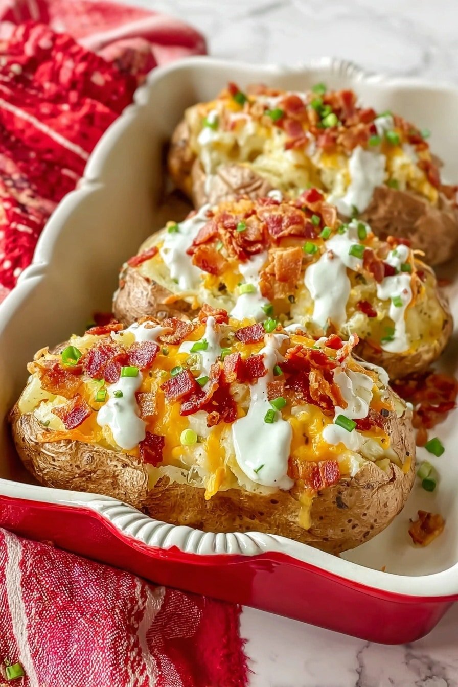 Three baked potatoes sit inside an ornate white dish with a red interior, each potato split and filled with layers starting with a rough brown skin base, topped with melted yellow cheese, crunchy reddish-brown bacon bits, and a white creamy sauce drizzled unevenly on top, finished with small green chive pieces scattered around. The dish rests on a white marbled surface with a red and white cloth nearby. photo taken with an iphone --ar 2:3 --v 7
