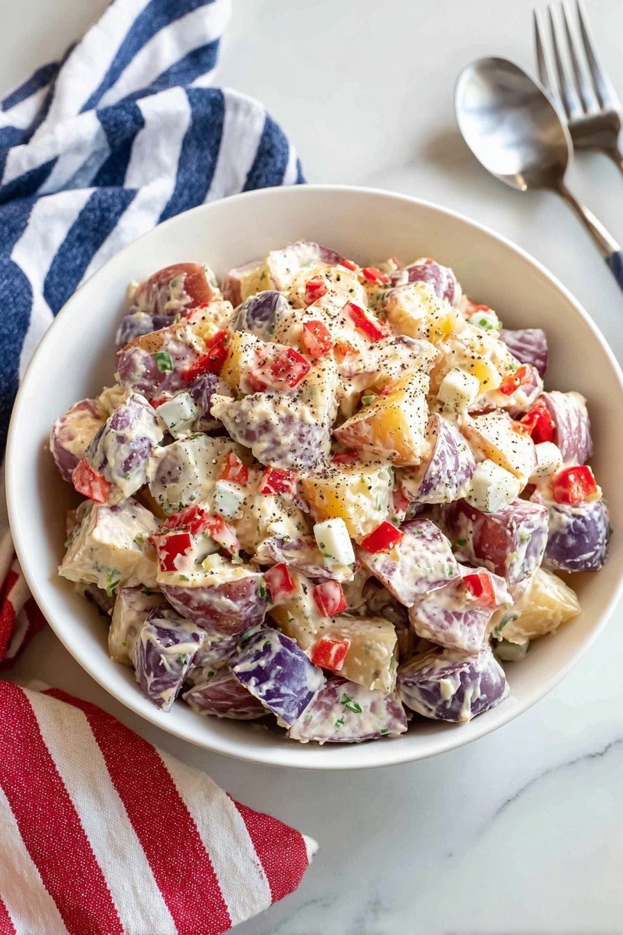 A bowl of creamy potato salad sits in the center of the image on a white marbled surface. The salad shows three main layers: a base of small, light brown and purple potato pieces with smooth, soft textures; a middle layer of creamy, white dressing covering the potatoes with a slightly glossy look; and a top layer of small, diced red bell peppers and white onion pieces scattered evenly, adding bright red and white colors with crisp textures. The ornate white bowl holding the salad has a smooth, simple shape. Around the bowl are a red and white striped cloth, a blue and white striped cloth, and a blue salt shaker with white stars, as well as a red pepper shaker with white stripes. A silver spoon lies beside the bowl. Photo taken with an iphone --ar 2:3 --v 7