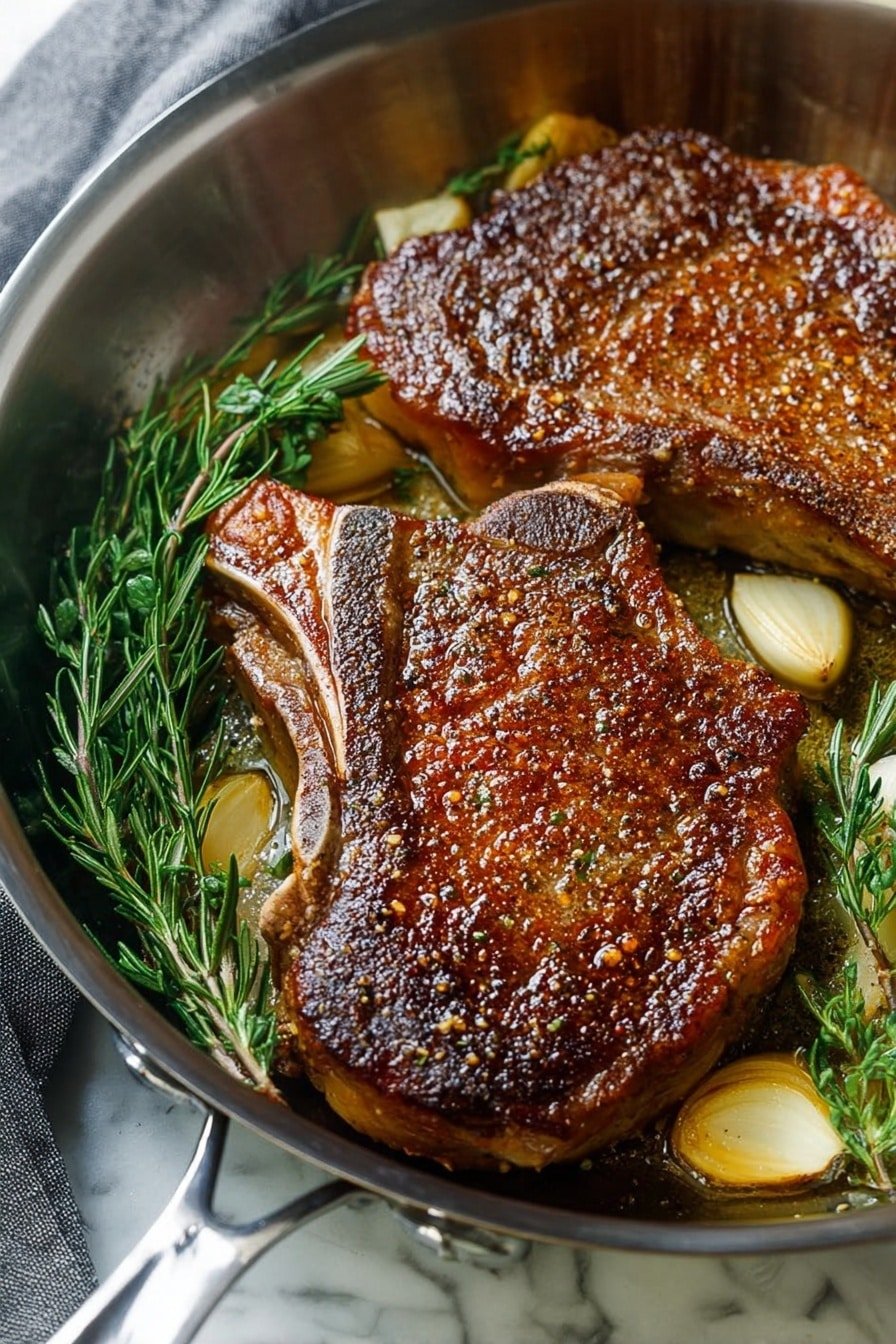 The image shows two pieces of browned pork chops in a shiny metal pan. The pork chops have a crisp, dark brown crust with some visible seasoning on top, giving them a textured look. They lie on top of slices of garlic, which are pale yellow, and sprigs of fresh rosemary, which are dark green. The pan and food rest on a white marbled surface. photo taken with an iphone --ar 2:3 --v 7