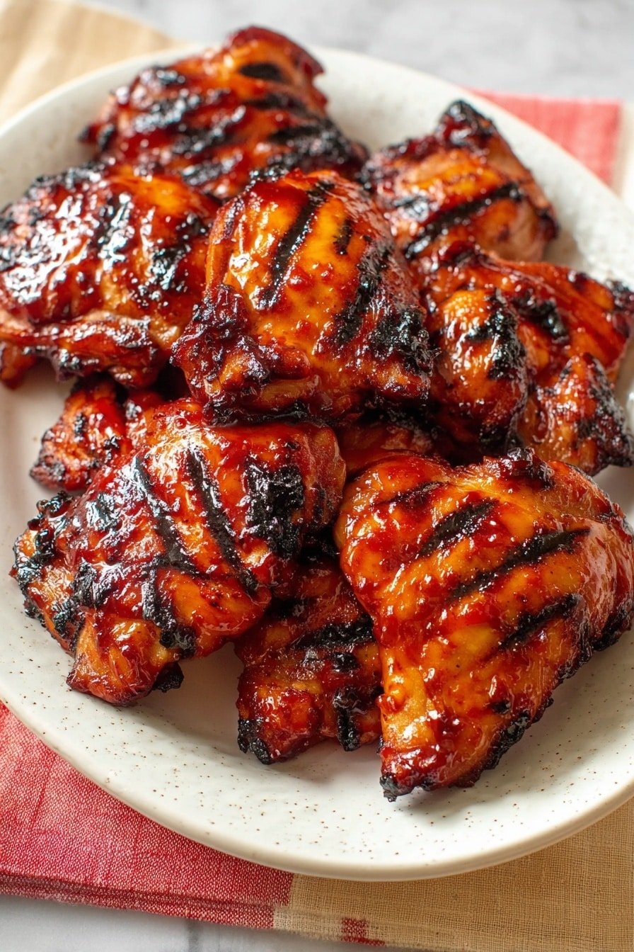 A plate filled with multiple pieces of grilled chicken thighs covered in a shiny, reddish-brown glaze with visible grill marks and charred edges. The chicken pieces are stacked close on an ornate white plate with small speckles, resting on a white marbled texture with a red cloth partially visible under the plate. The glaze gives the chicken a sticky look, and the charred black areas add texture and contrast to the bright cooked chicken skin photo taken with an iphone --ar 2:3 --v 7